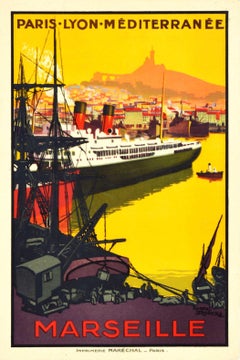 Original Antique Rail Travel Poster Paris Lyon Mediterranee PLM Marseilles Port