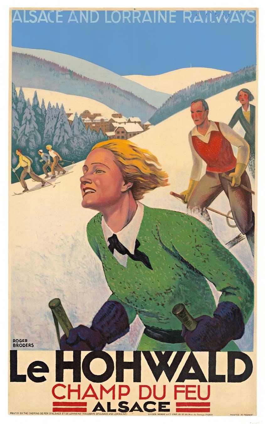 Roger Broders Portrait Print - Original 'Le Hohwald Champ du Feu, Alsace" vintage 1930's ski poster