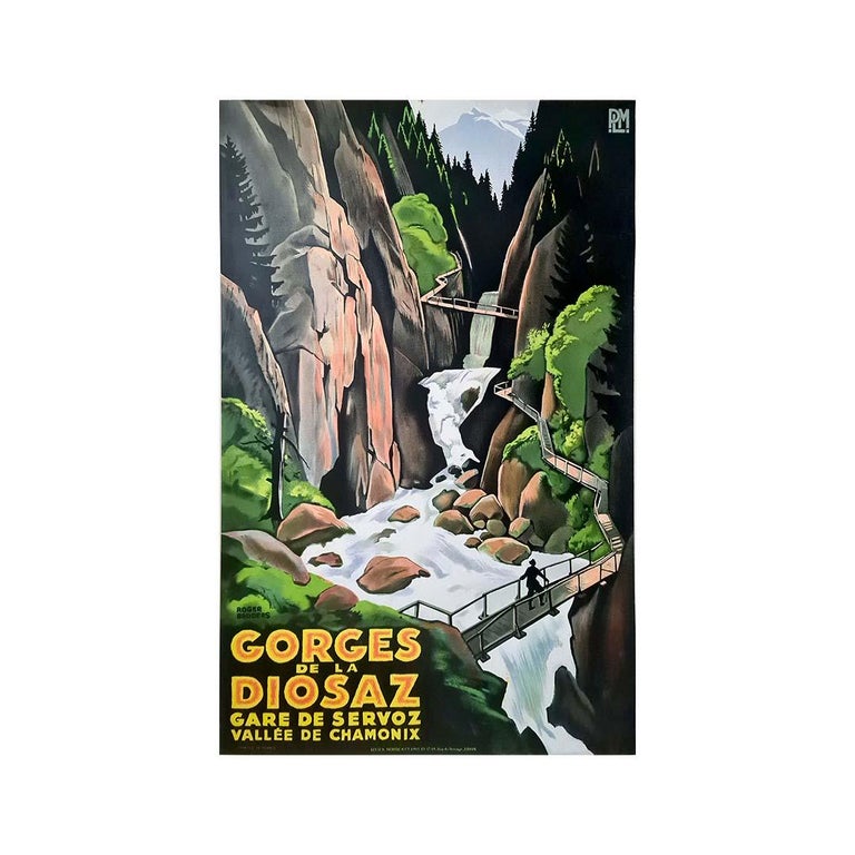 Beautiful original poster by Roger Broders for the PLM railroads and the Gorges de la Diosaz in the Chamonix valley.
Roger Broders is one of the most prolific poster artists of the 1930s: his work is inseparable from the PLM company, which