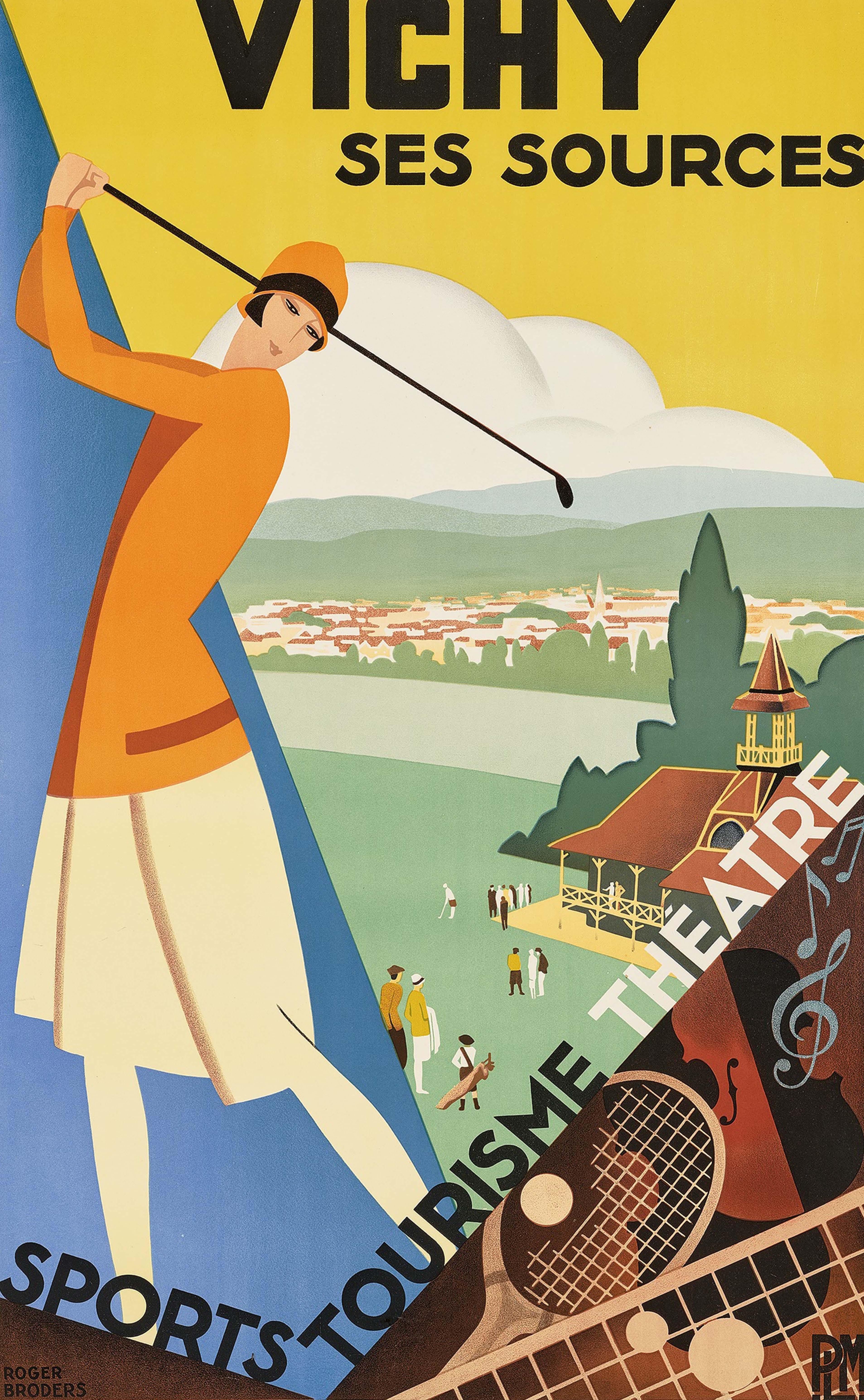 Affiche vintage d'origine de voyage Vichy Golf, PLM Paris Lyon Mediterranee Railway - Print de Roger Broders