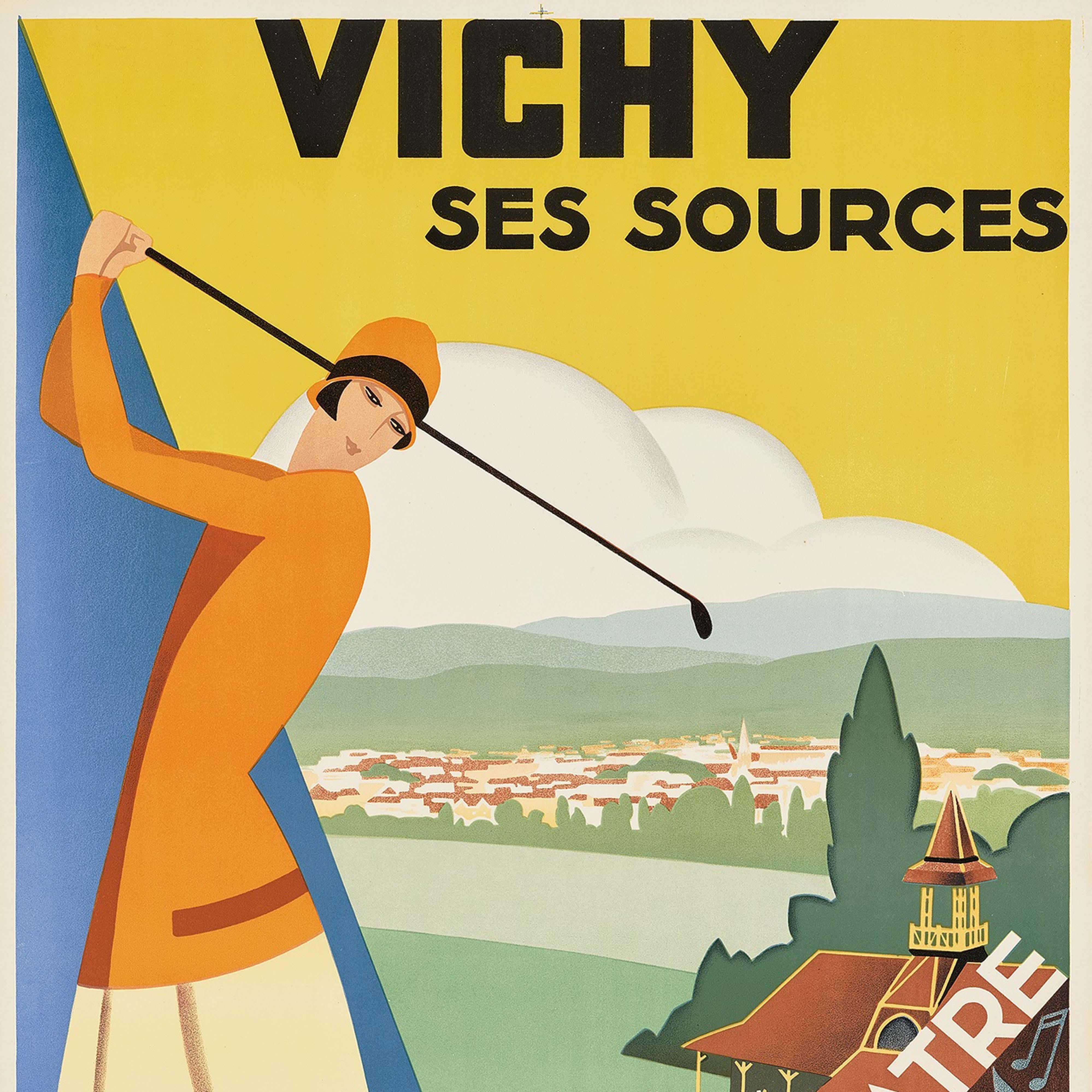 Original vintage PLM Paris Lyon Mediterranee railway travel poster for sport tourism and theatre in the historical spa resort town in the Auvergne Rhone Alpes region of central France - Vichy ses Sources Sports Tourisme Theatre. Stunning Art Deco
