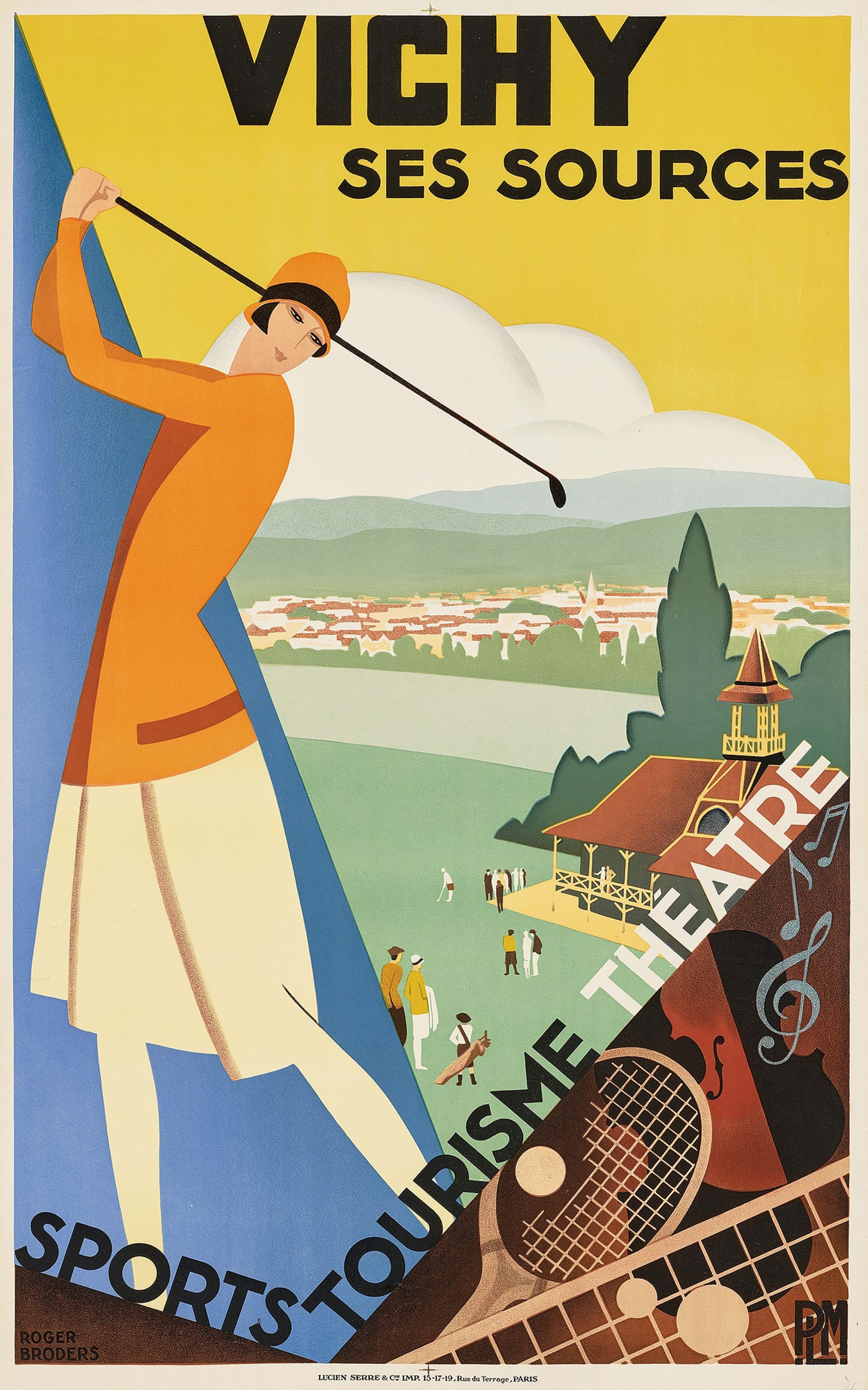 Roger Broders Print – Original Vintage PLM Paris Lyon Mittelmeerbahn-Reiseplakat Vichy Golf, Vintage
