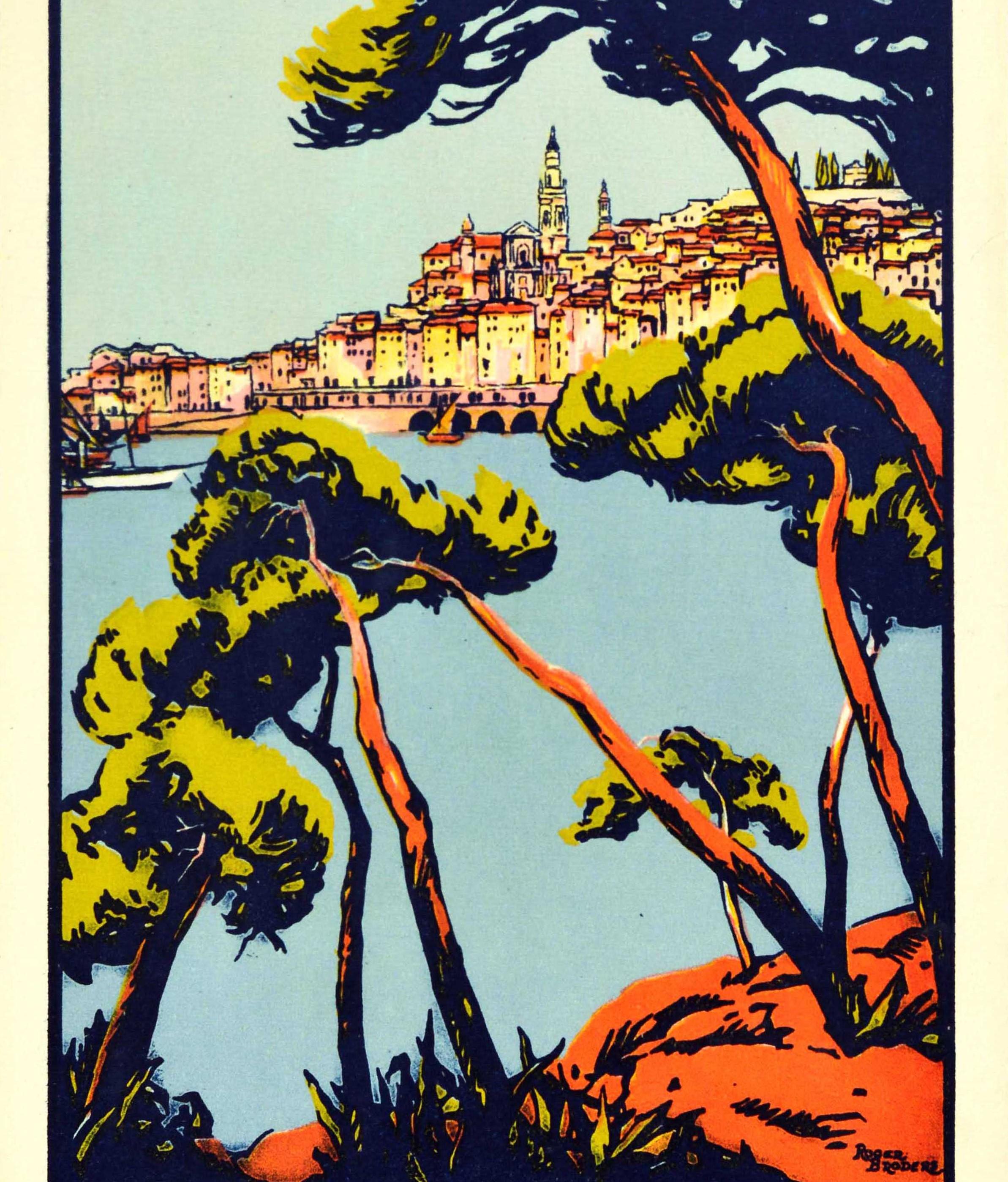 Original vintage travel advertising poster issued by the PLM Paris Lyon Mediterranee railway to promote the harbour town of Menton on the French Riviera featuring stunning artwork by the notable French artist Roger Broders (1883-1953) depicting a