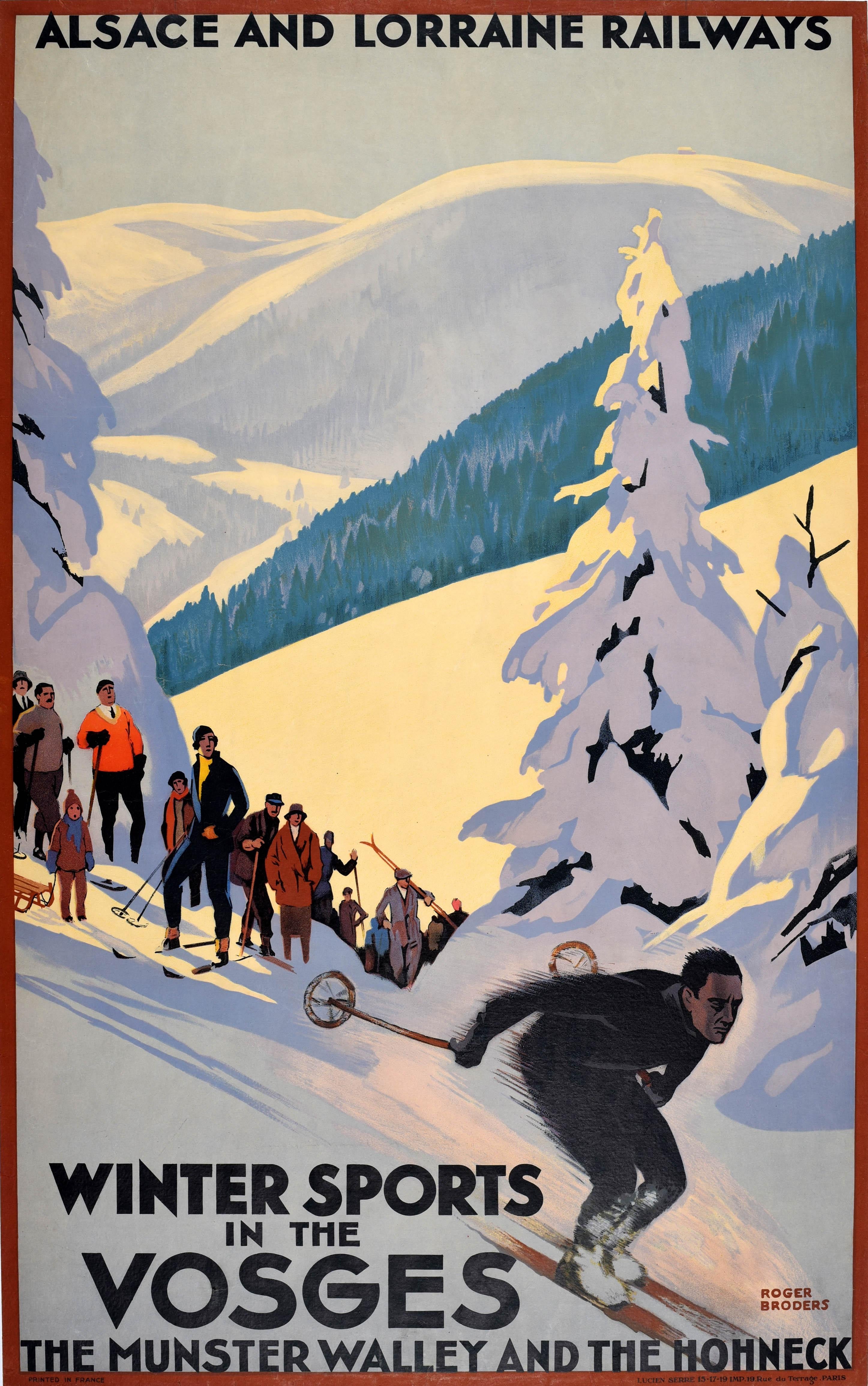 Original vintage ski travel poster - Alsace and Lorraine Railways Winter Sports in the Vosges The Munster Walley and The Hohneck - featuring a stunning Art Deco design by the notable French artist Roger Broders (1883-1953) of a man skiing past snow