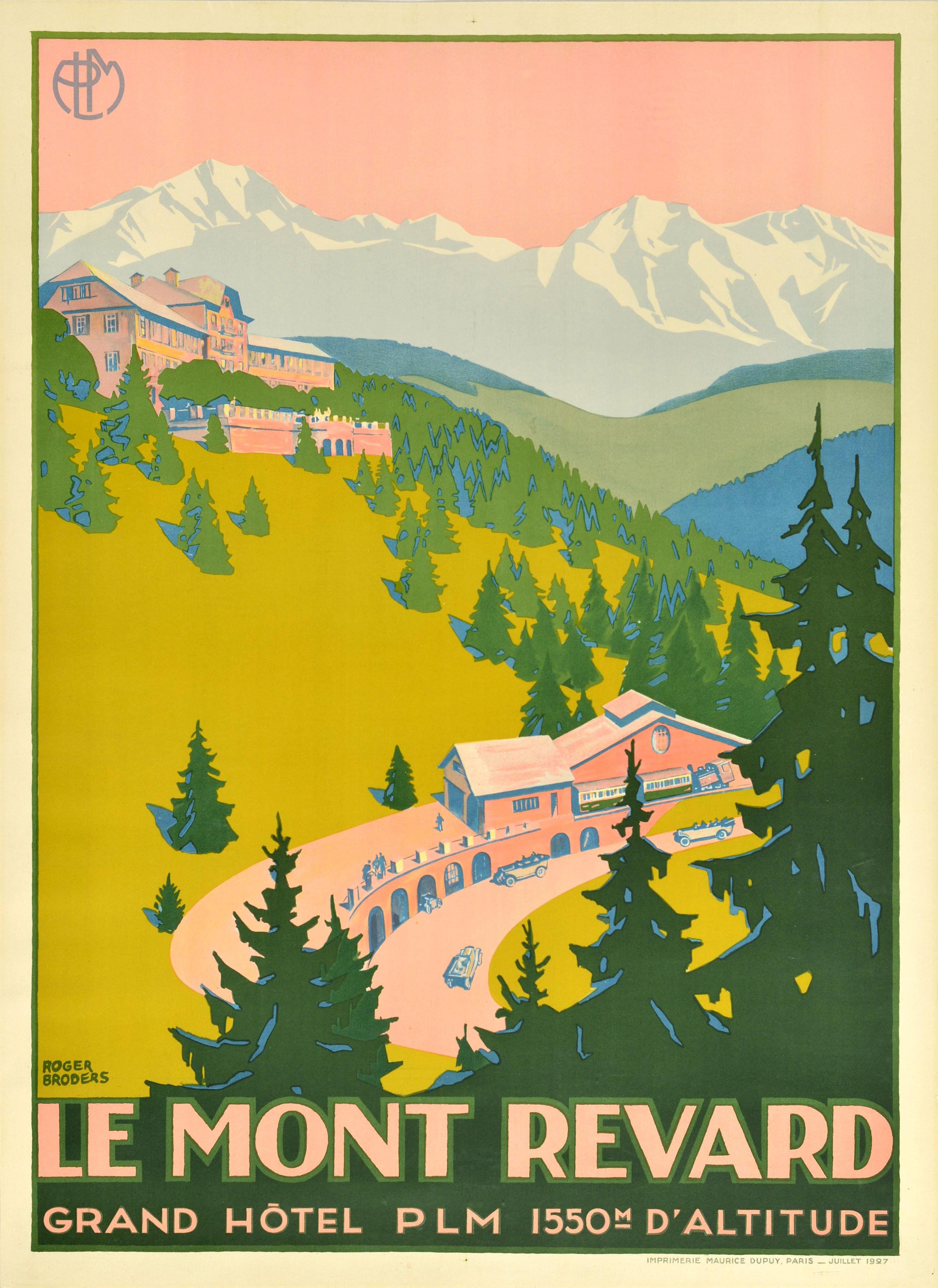 Originales Vintage-Reiseplakat für das Le Mont Revard Grand Hotel PLM 1550m d'Altitude, herausgegeben von der PLM Paris Lyon Mediterranee Eisenbahn, mit einem atemberaubenden Design des bekannten französischen Künstlers Roger Broders (1883-1953),