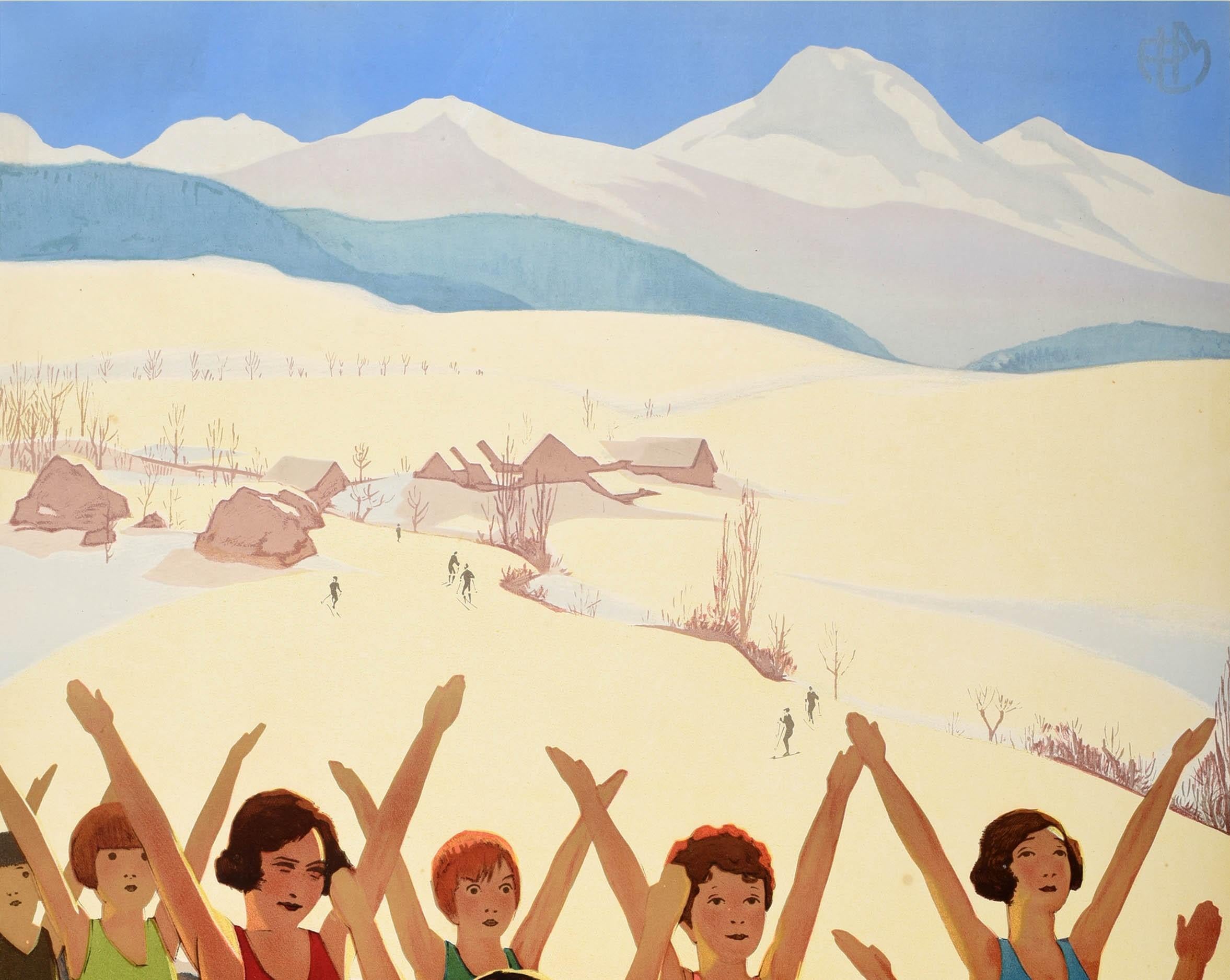 Affiche rétro originale de voyage Villard De Lans, Alpes françaises, Ski, Enfants, Paradise - Art déco Print par Roger Broders