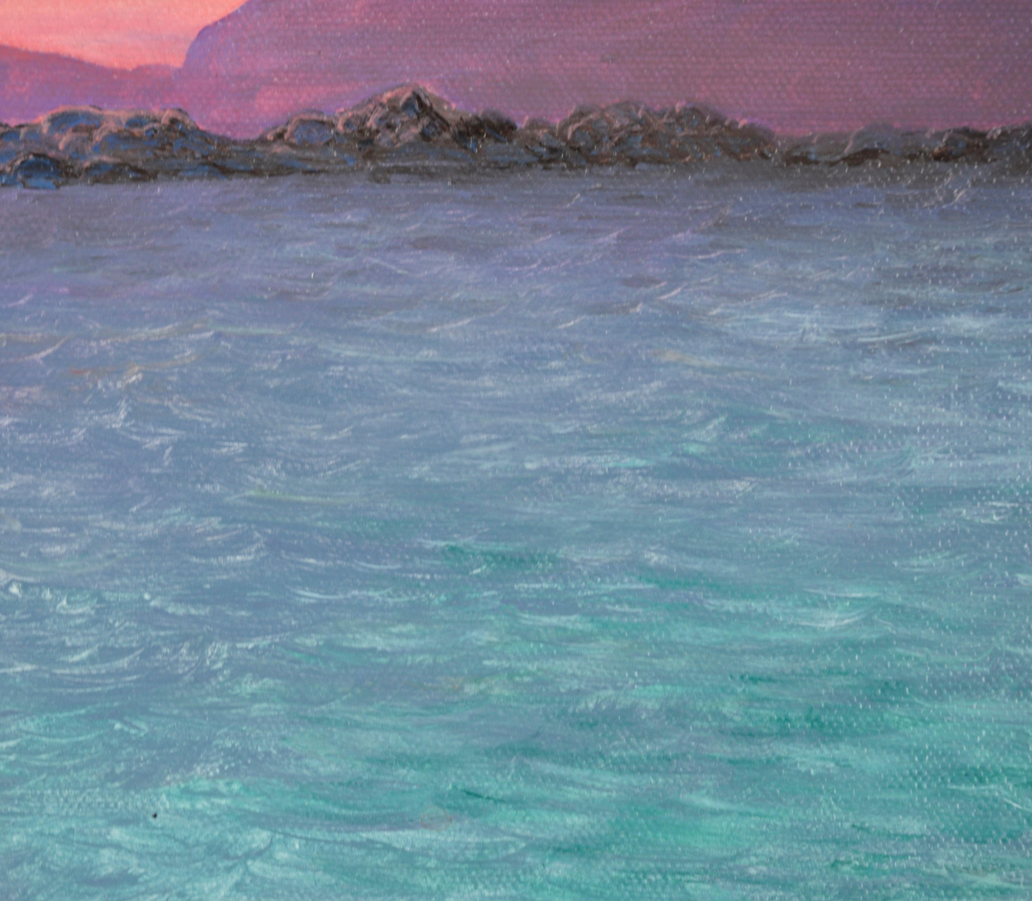 Beautiful California seascape with bright sunset by Roger Budney (American, b. 1945). The glowing sun is just about to dip below the horizon, surrounded by purple skies and mountains. Reflections of the sun dance on the water, drawing the viewer's