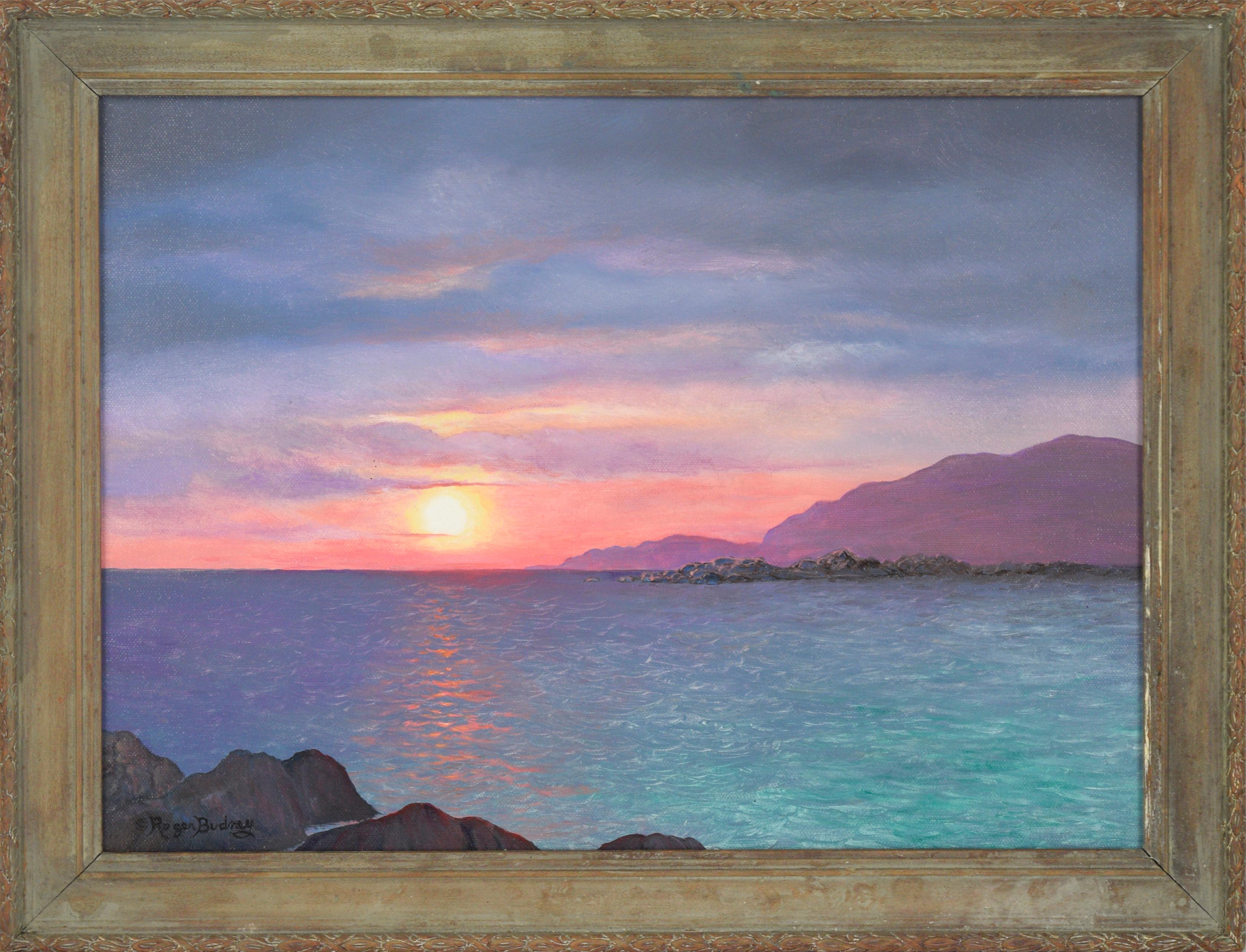 Roger Budney Landscape Painting - "El Pacifico" Pink Sunset Over the Ocean