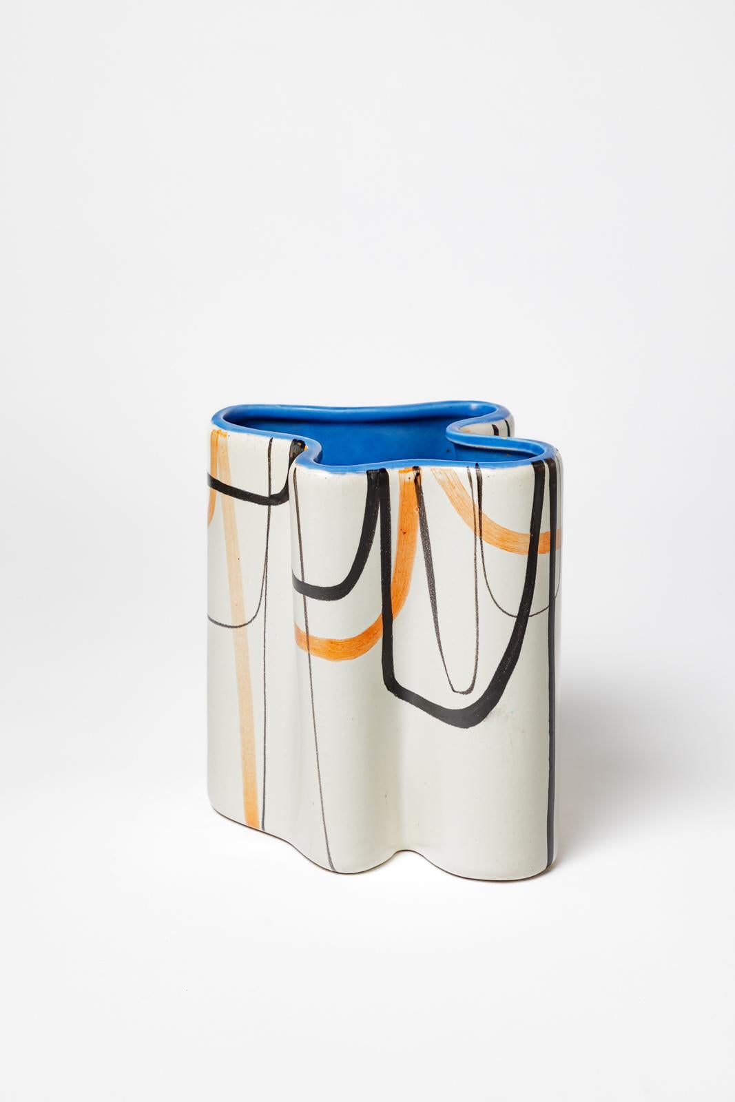 Mid-Century moderno Roger Capron Vaso in ceramica bianca e blu di design del XX secolo 