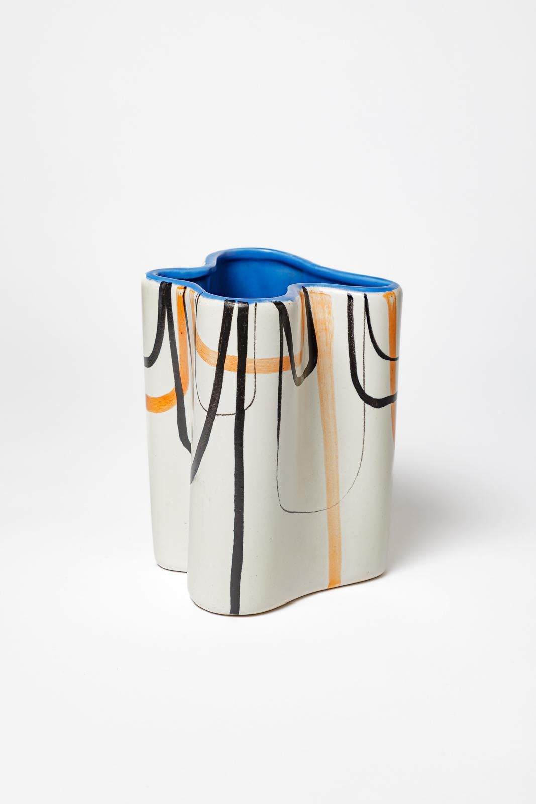 Francese Roger Capron Vaso in ceramica bianca e blu di design del XX secolo 