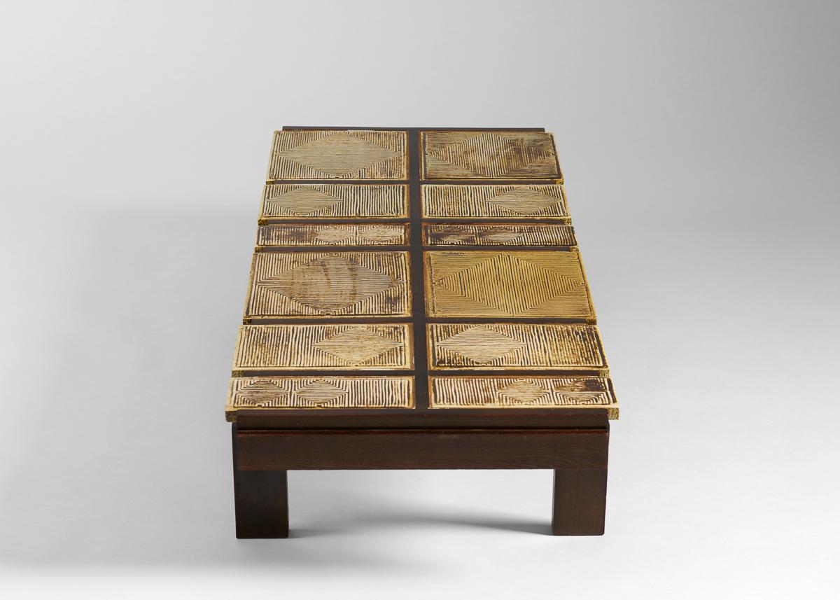 French Roger Capron, Alouette, Tile-top Mahogany Coffee Table, France, 1971 For Sale