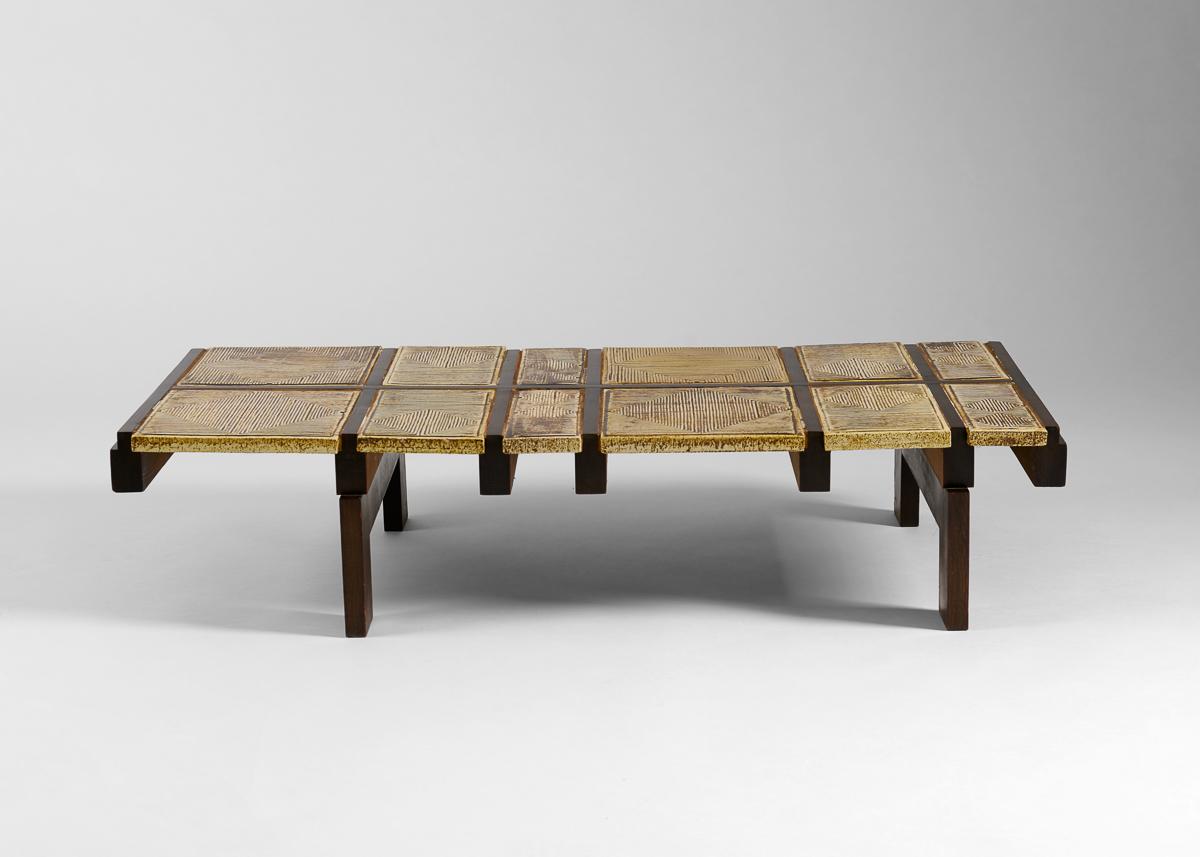 Roger Capron, Alouette, Tile-top Mahogany Coffee Table, France, 1971 In Good Condition For Sale In New York, NY