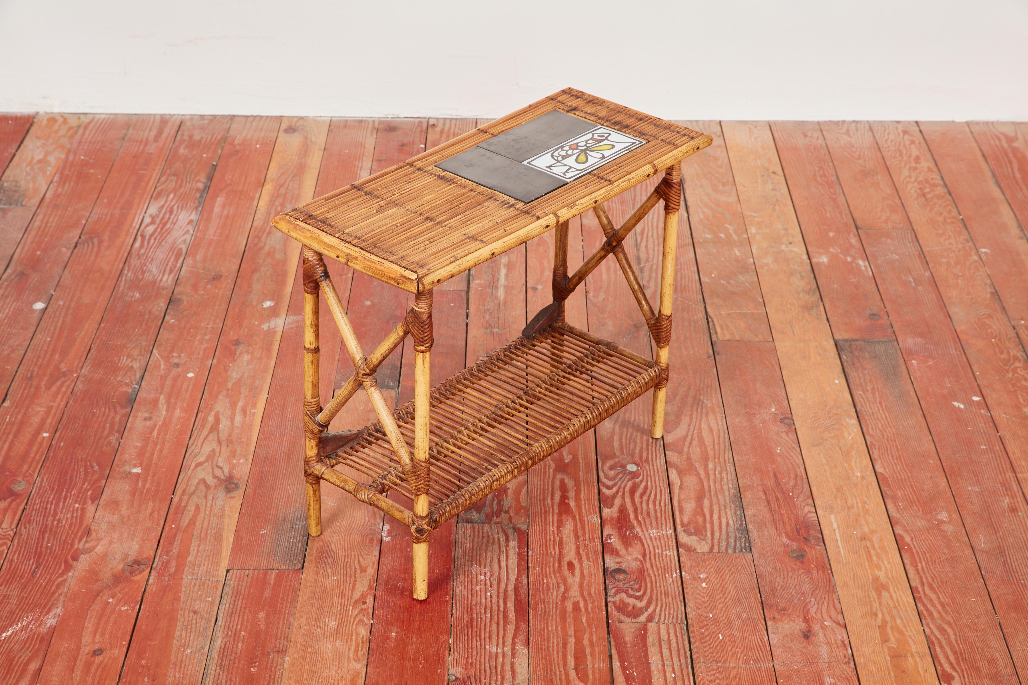 Charming Roger Capron and Audoux Minet side table - France, circa 1950s.
Ceramic inlay of rooster in great color way.