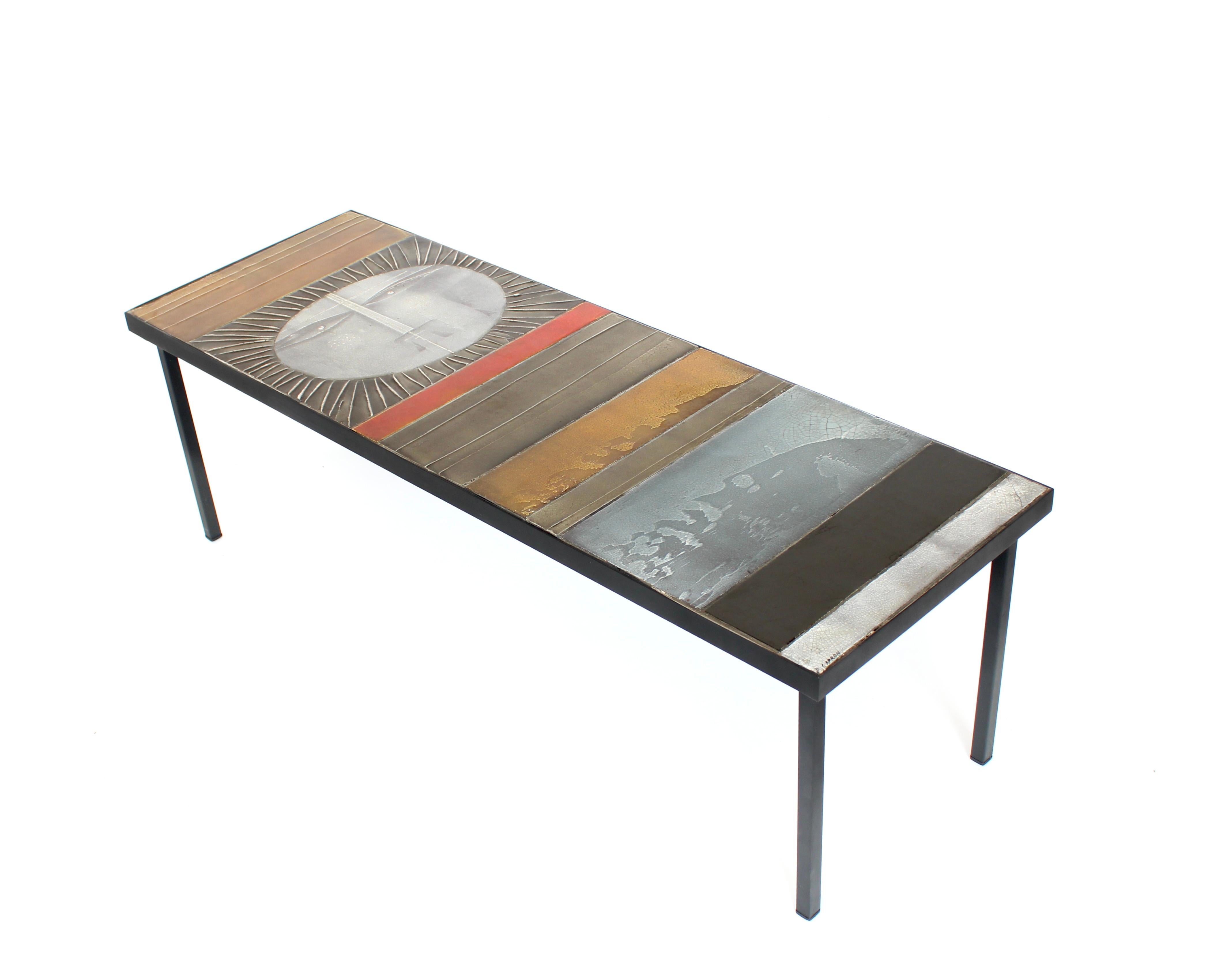 Glazed Roger Capron Ceramic Coffee Table Soleil Sun Motif Vallauris, c 1965