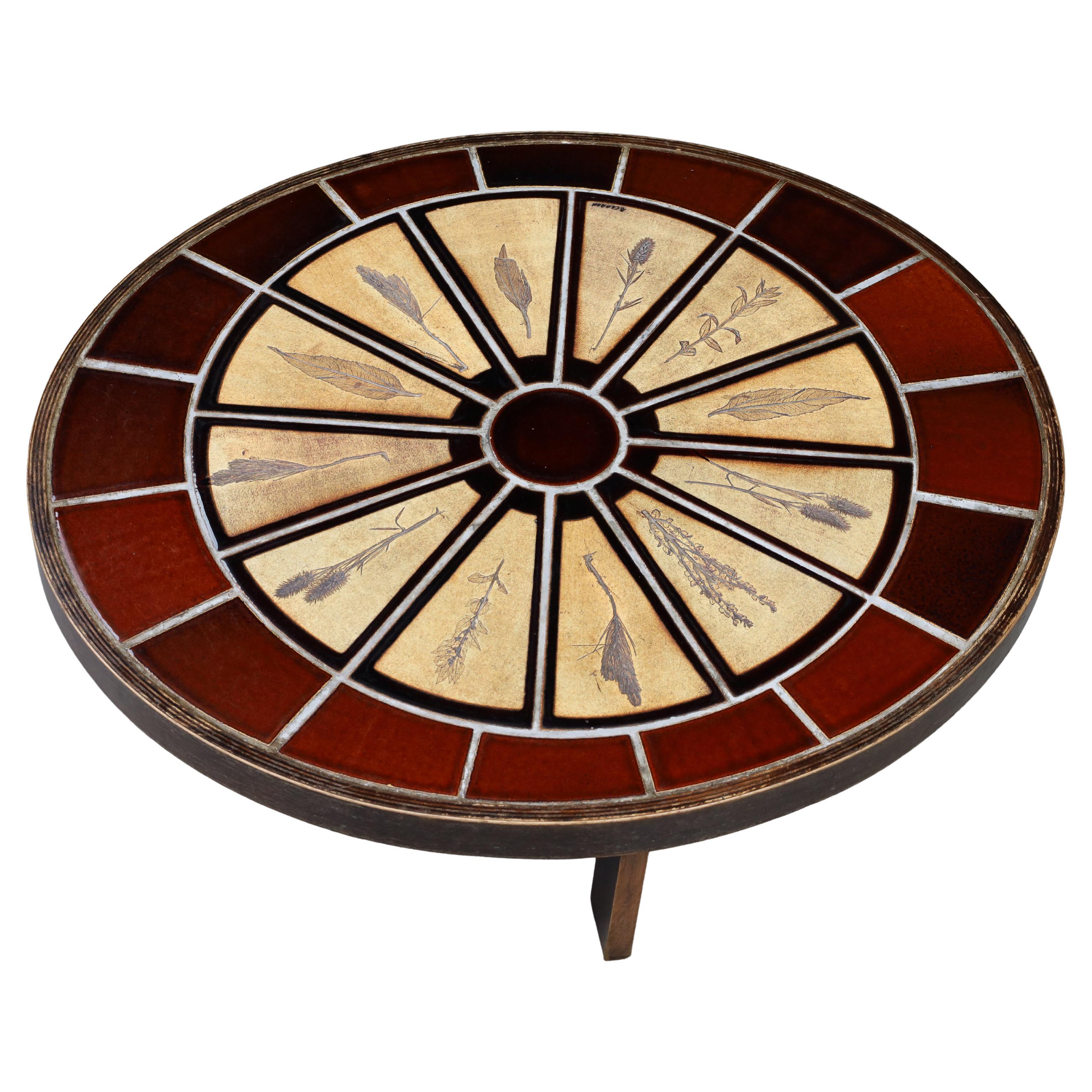 Roger Capron Ceramic Coffee Table, Stained Beech, France, 1960s