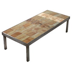 Mesa baja de cerámica Roger Capron con decoración de pájaros, Vallauris Francia 1960