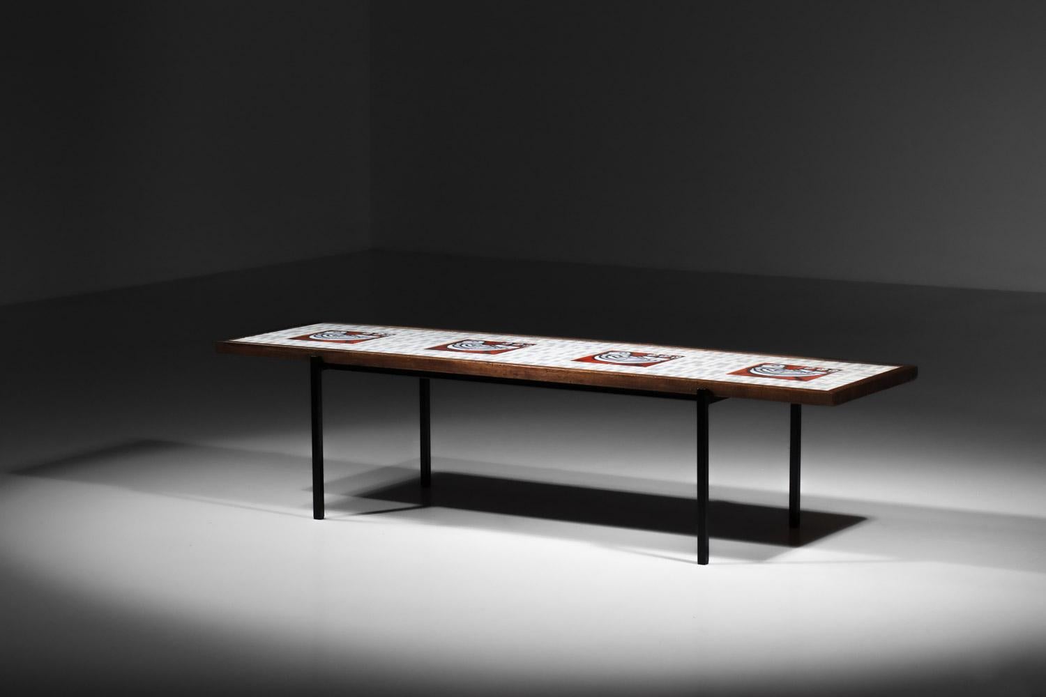 Table basse en céramique de Roger Capron avec décor de poulets, années 1950, Vallauris AM en vente 1