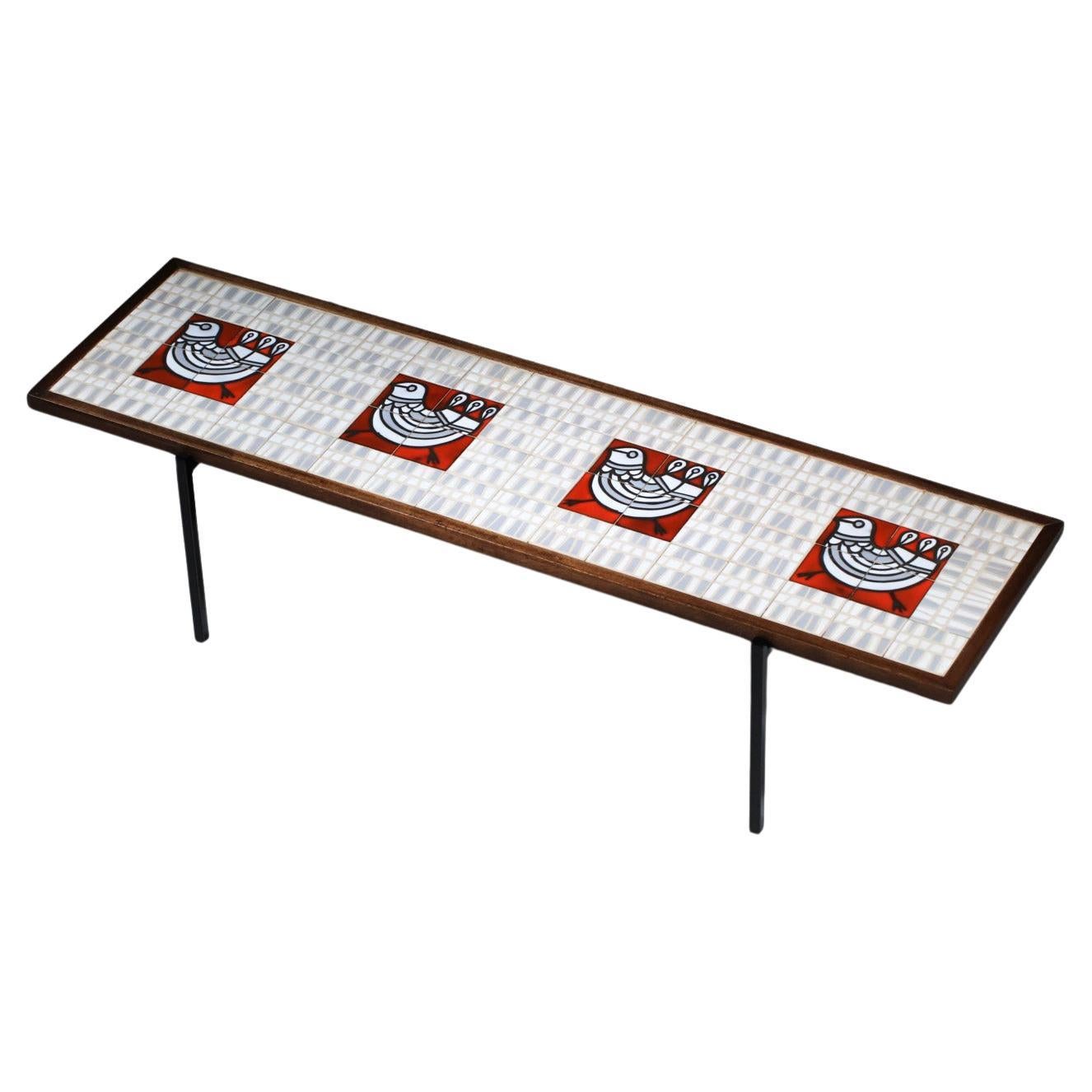 Table basse en céramique de Roger Capron avec décor de poulets, années 1950, Vallauris AM en vente