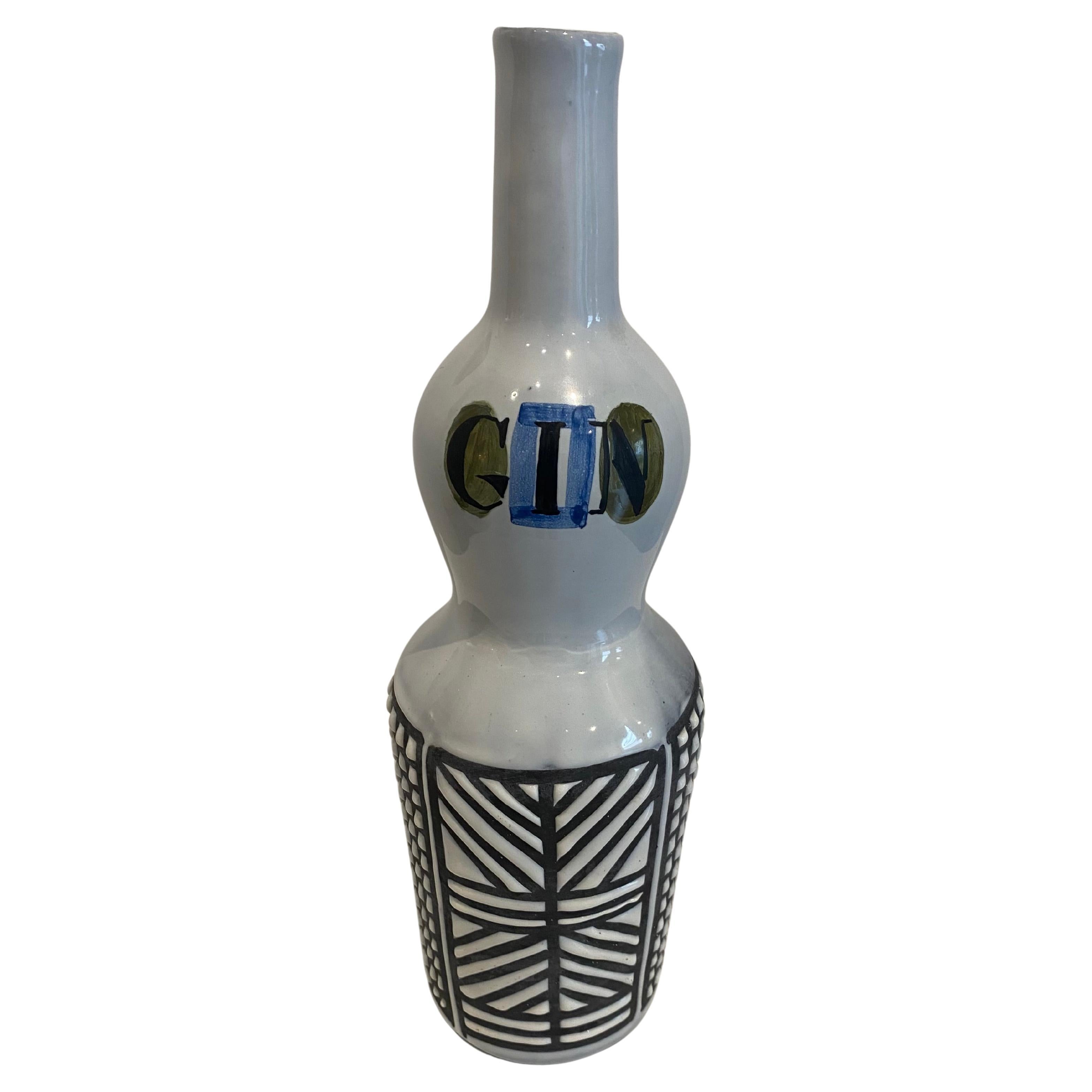 Bottiglia "GIN" in ceramica di Roger Capron da Vallauris, anni '50