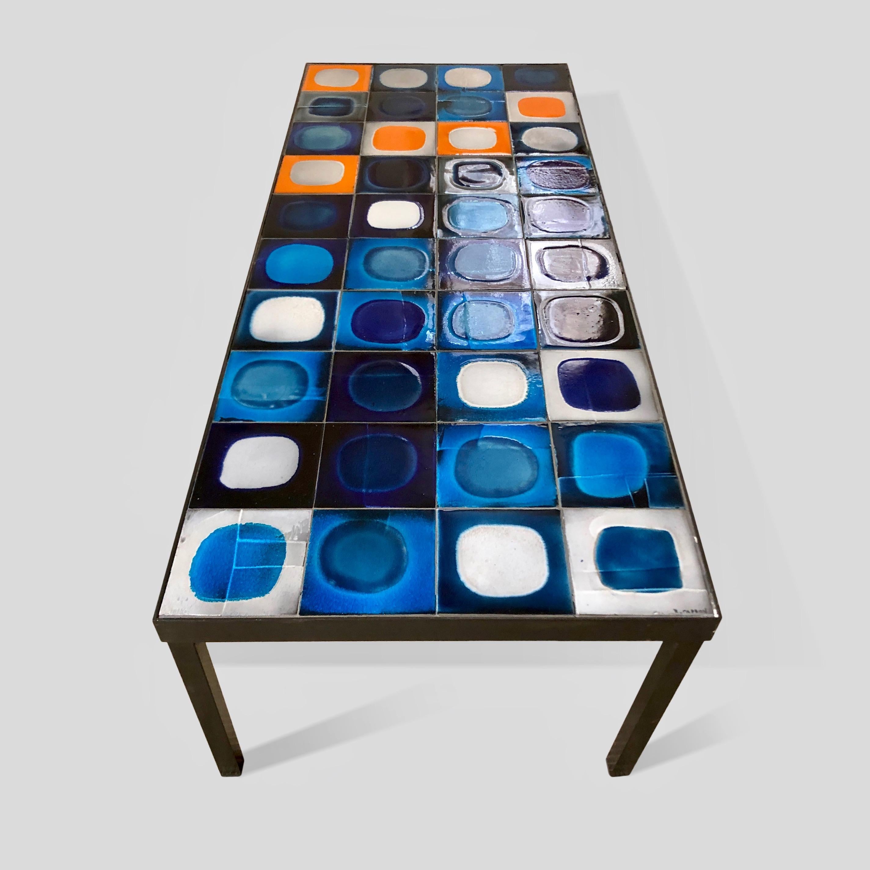 Metal Roger Capron, Ceramic Tile Coffee Table, Vallauris France