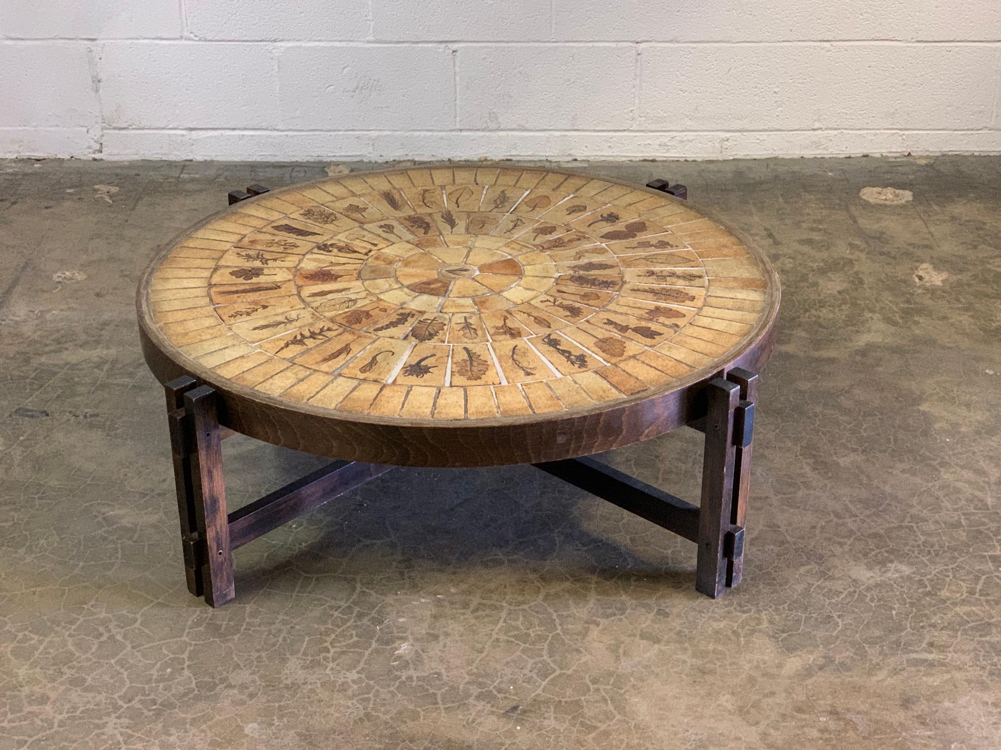 Roger Capron ceramic top coffee table with oak frame. French, 1960's.