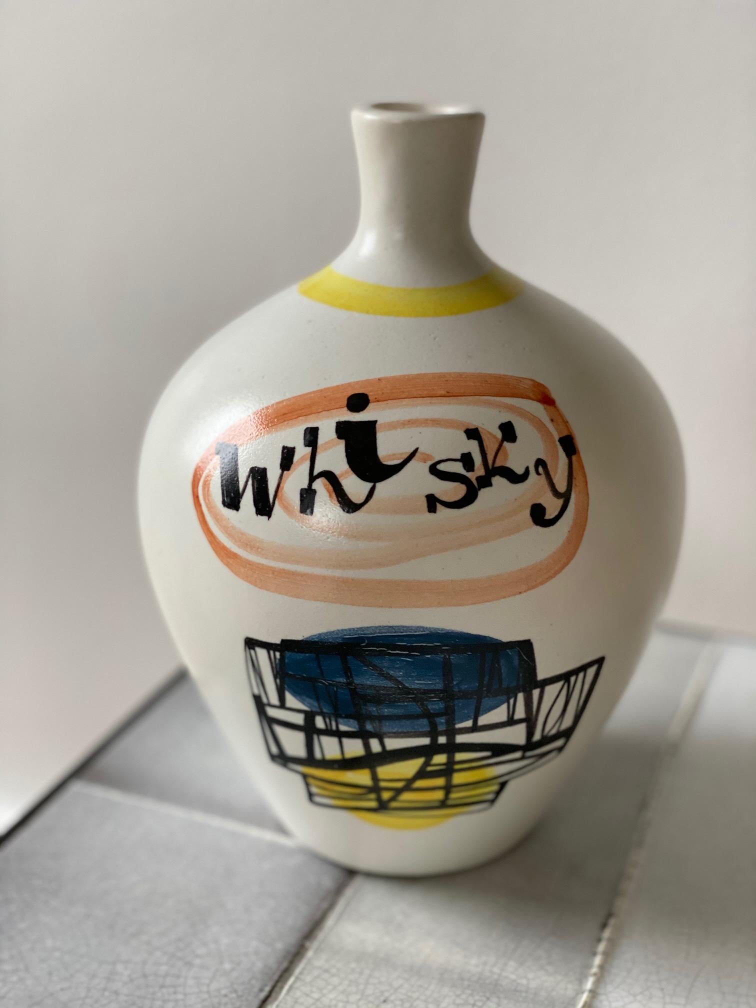 Roger Capron Keramik-Flasche „WHISKY“ aus Vallauris, 1950er Jahre (Mitte des 20. Jahrhunderts) im Angebot