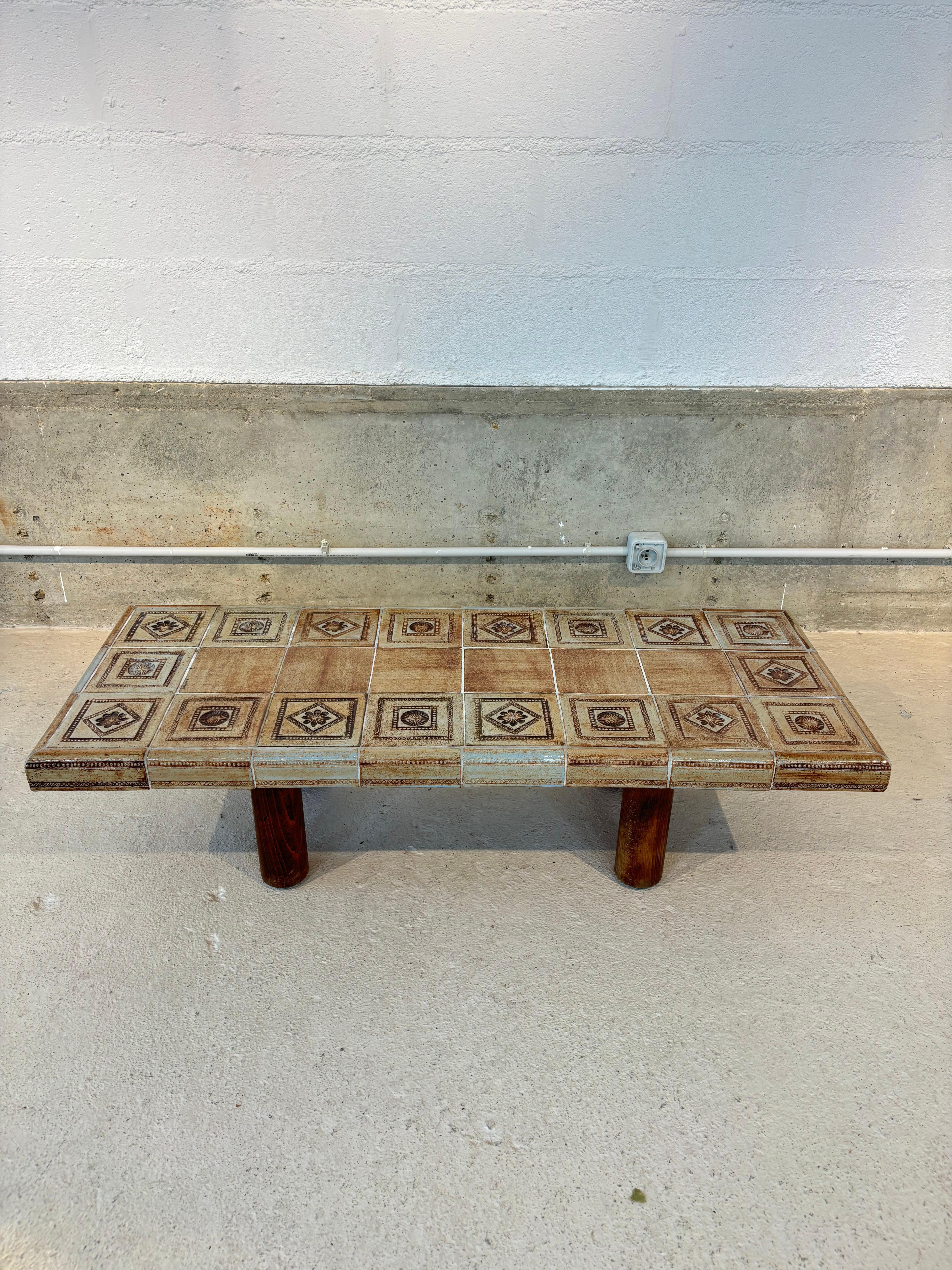Be.Jolie table basse par Roger Capron à décor ocre. 