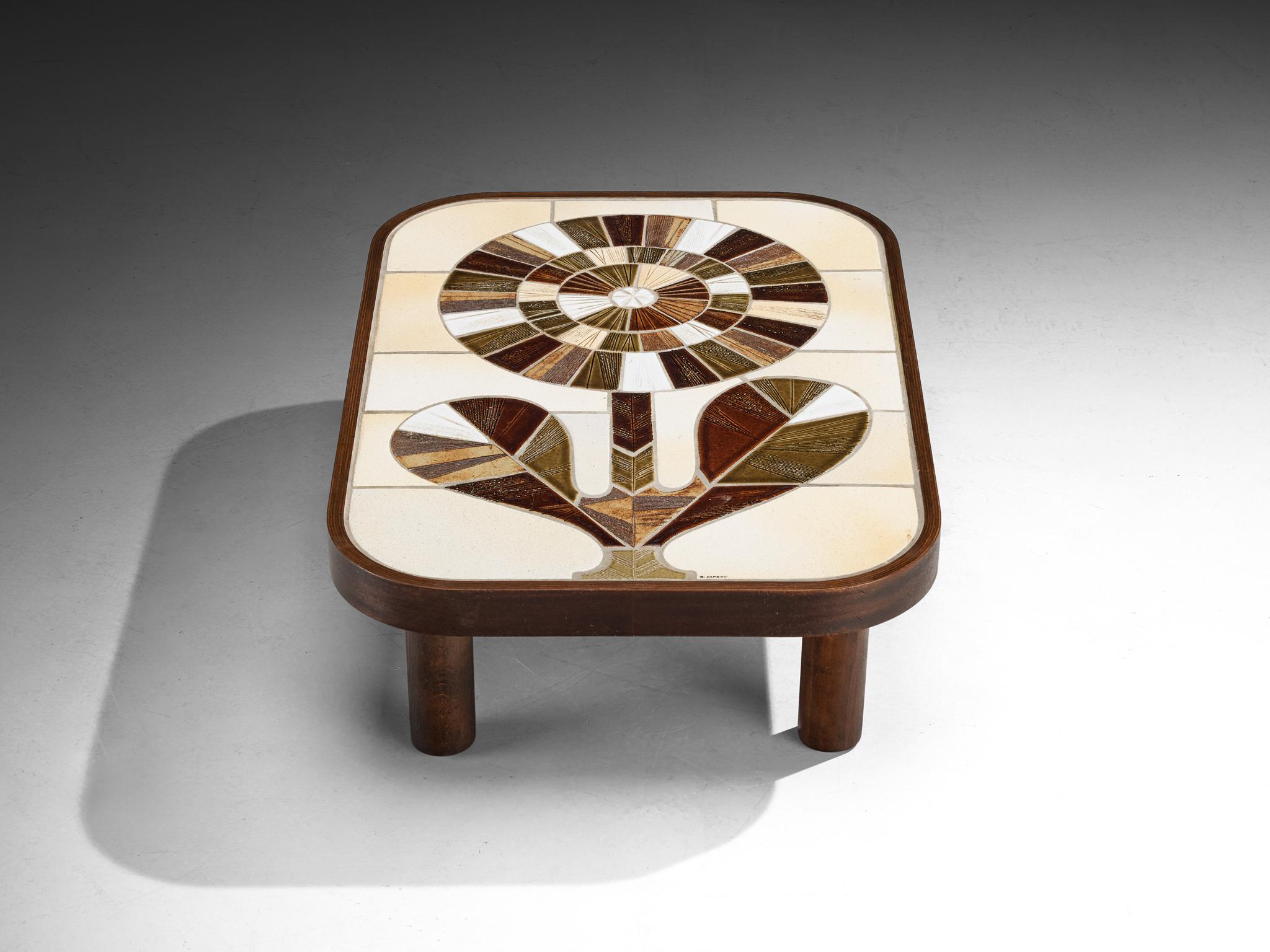 Français Table basse Roger Capron en céramique à motifs floraux en vente