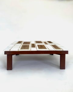 Roger Capron Coffee Table Square White Tiles with Tiles Herbier Wood Base