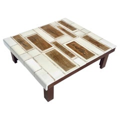 Roger Capron Coffee Table Square White Tiles with Tiles Herbier Wood Base