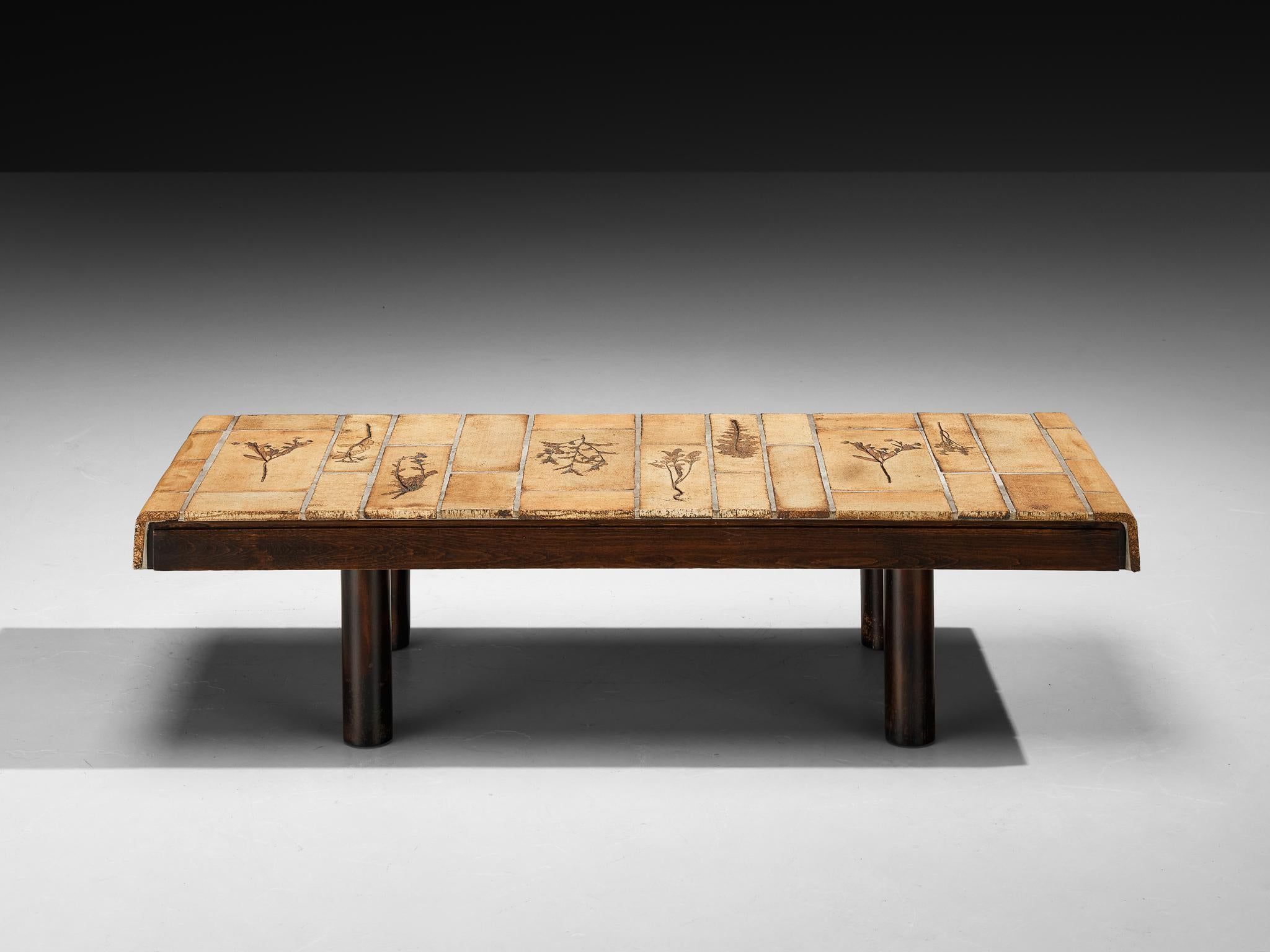 Mesa de centro Roger Capron con impresiones de fauna en cerámica y madera en Bueno estado para la venta en Waalwijk, NL