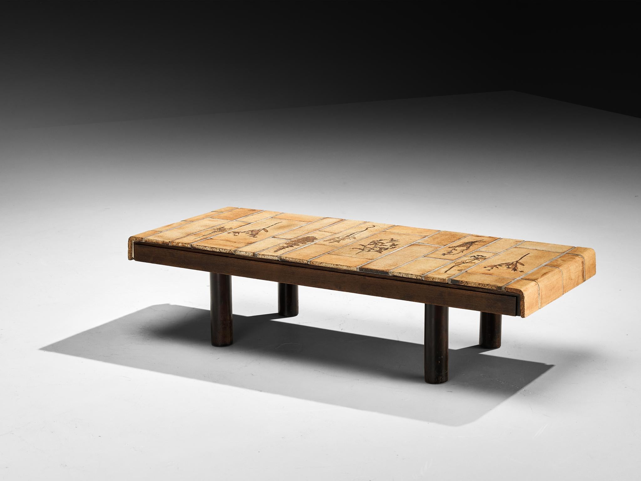 Mesa de centro Roger Capron con impresiones de fauna en cerámica y madera Cerámico en venta