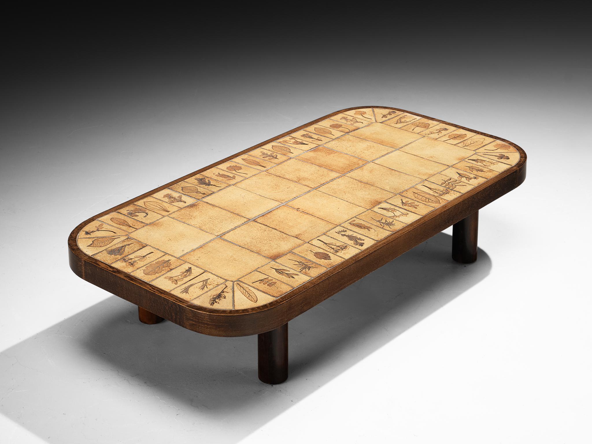 Post-Modern Roger Capron Coffee Table with Floral Imprinted Ceramic Tiles For Sale
