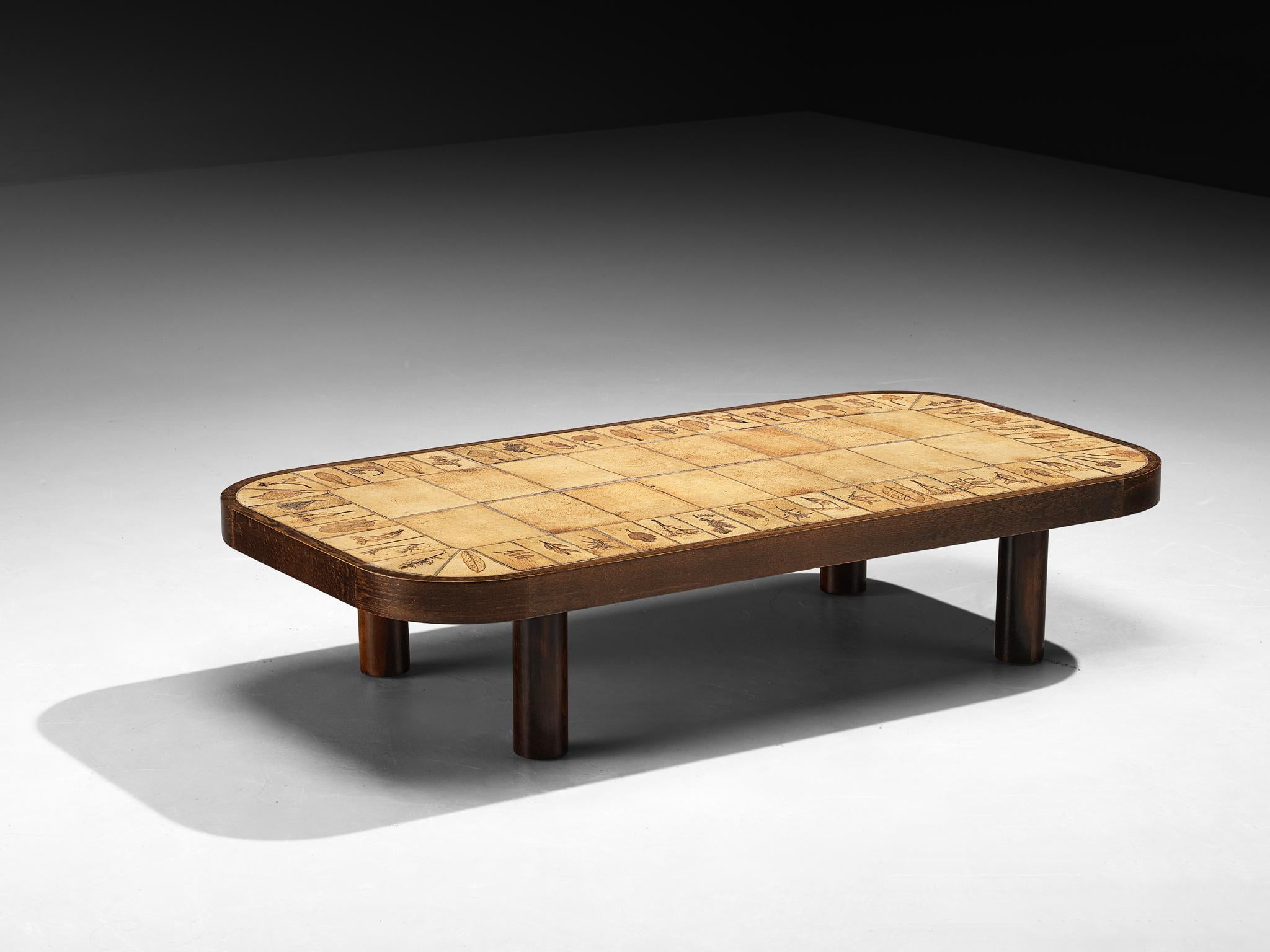Roger Capron Coffee Table with Floral Imprinted Ceramic Tiles In Good Condition For Sale In Waalwijk, NL