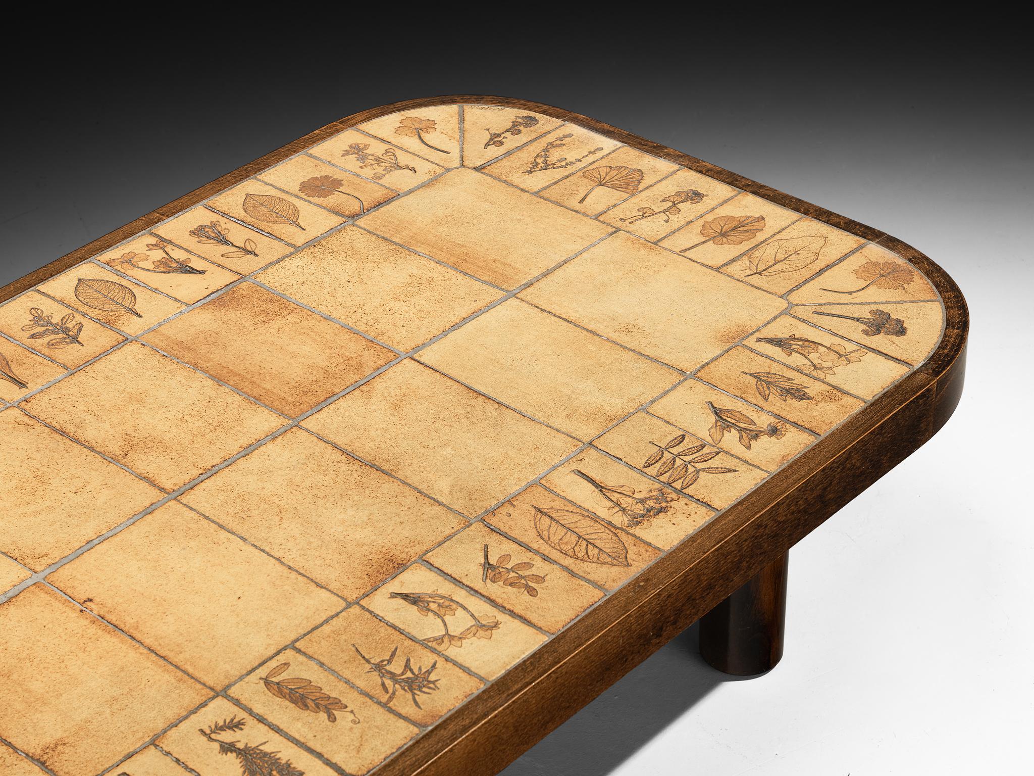 Late 20th Century Roger Capron Coffee Table with Floral Imprinted Ceramic Tiles For Sale