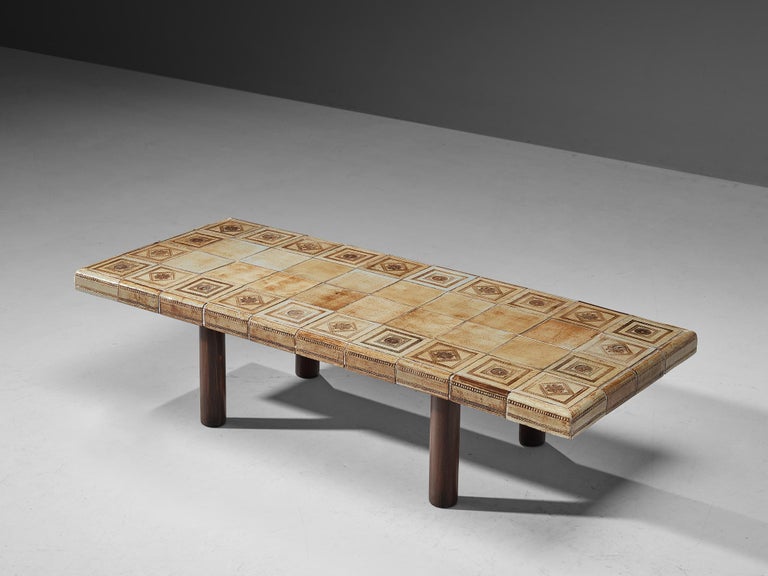 Roger Capron, coffee table, ceramic, pine, France, 1960s

French coffee table with wonderful composed ceramic tiles by French designer Roger Capron. The top features artistically designed tiles in ceramic featuring floral and abstract motifs that