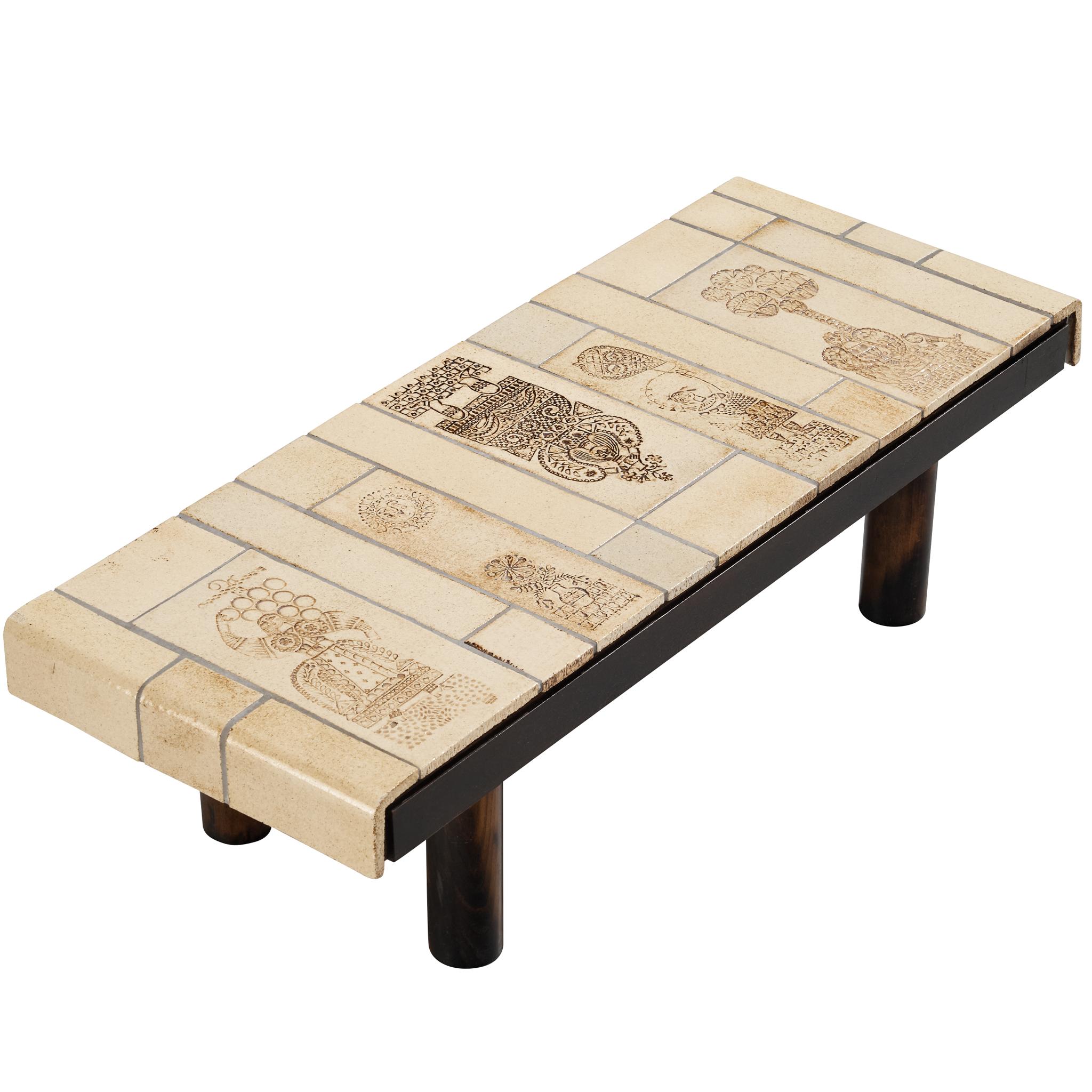 Roger Capron Coffee table with Illustrative Imprints in Ceramic and Wood