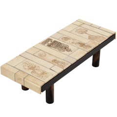 Roger Capron Coffee table with Illustrative Imprints in Ceramic and Wood