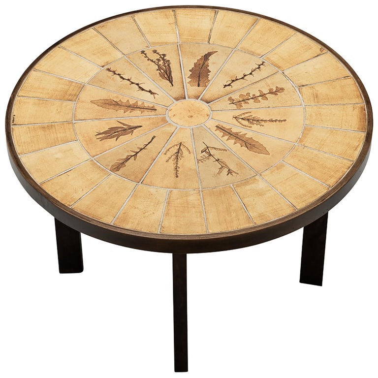 Roger Capron Dining Table with Floral Imprints in Ceramic and Wood