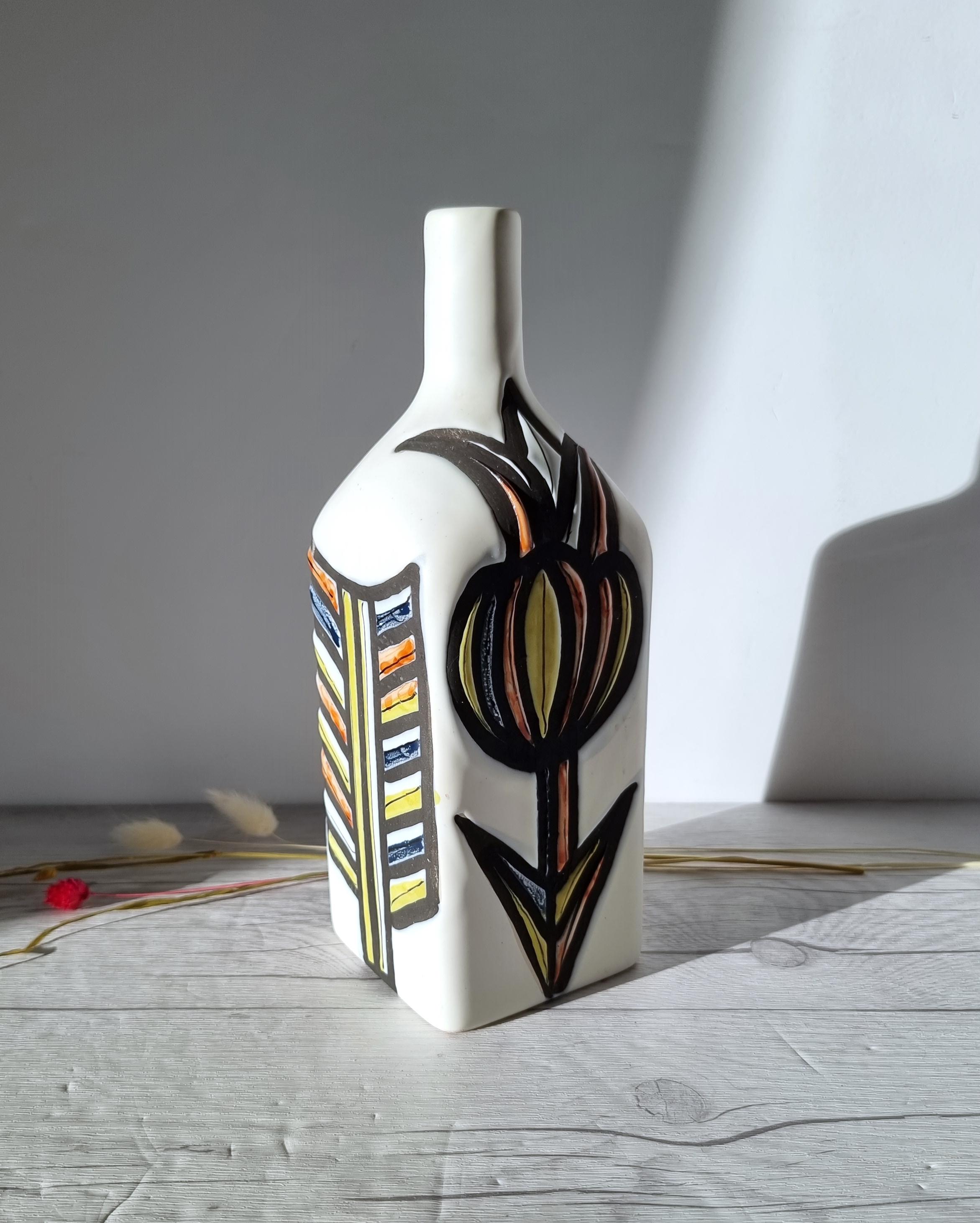 Roger Capron for Vallauris, Dipped White and Multicolour Bottle Vase, Signed For Sale 4