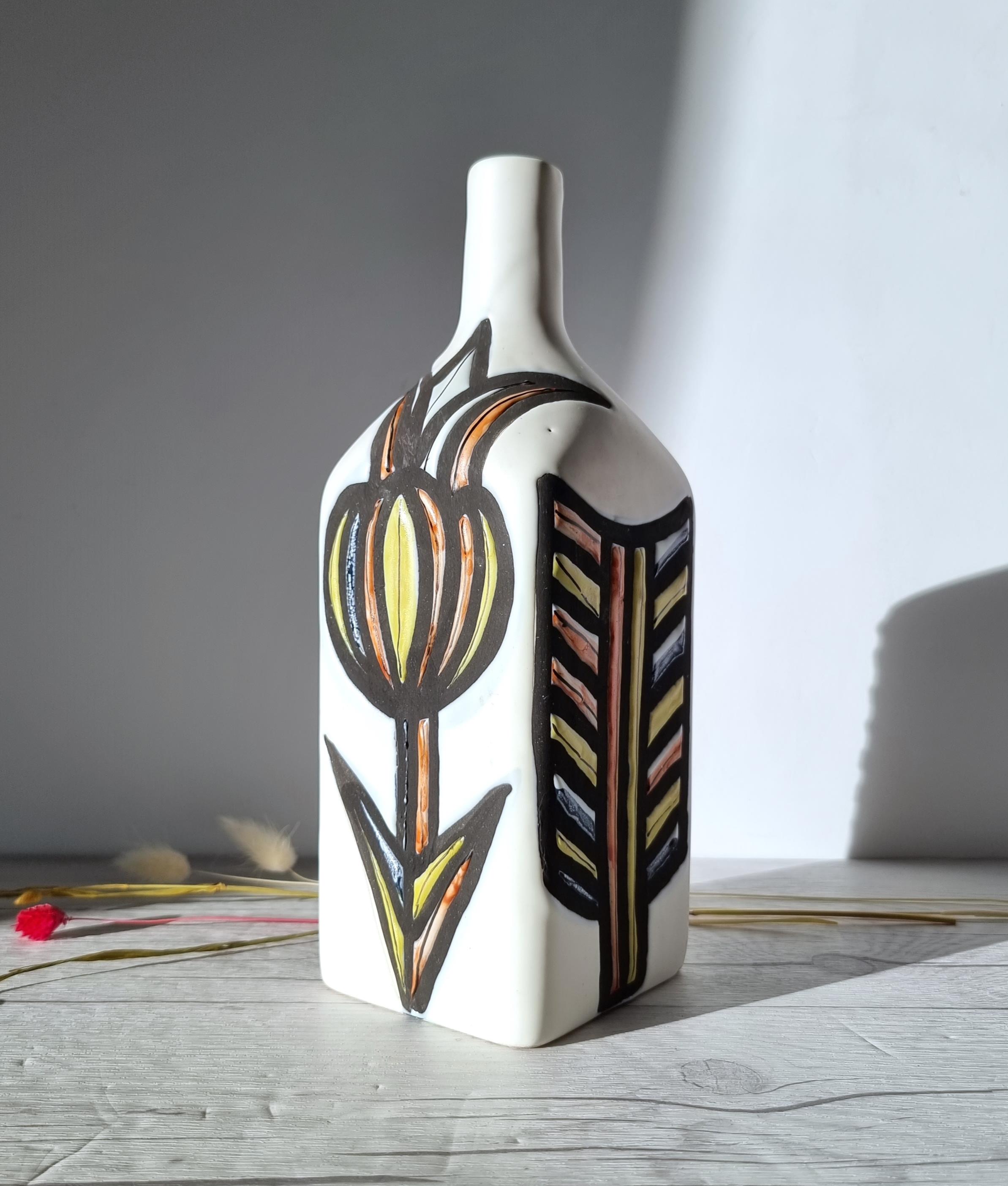 Glazed Roger Capron for Vallauris, Dipped White and Multicolour Bottle Vase, Signed For Sale