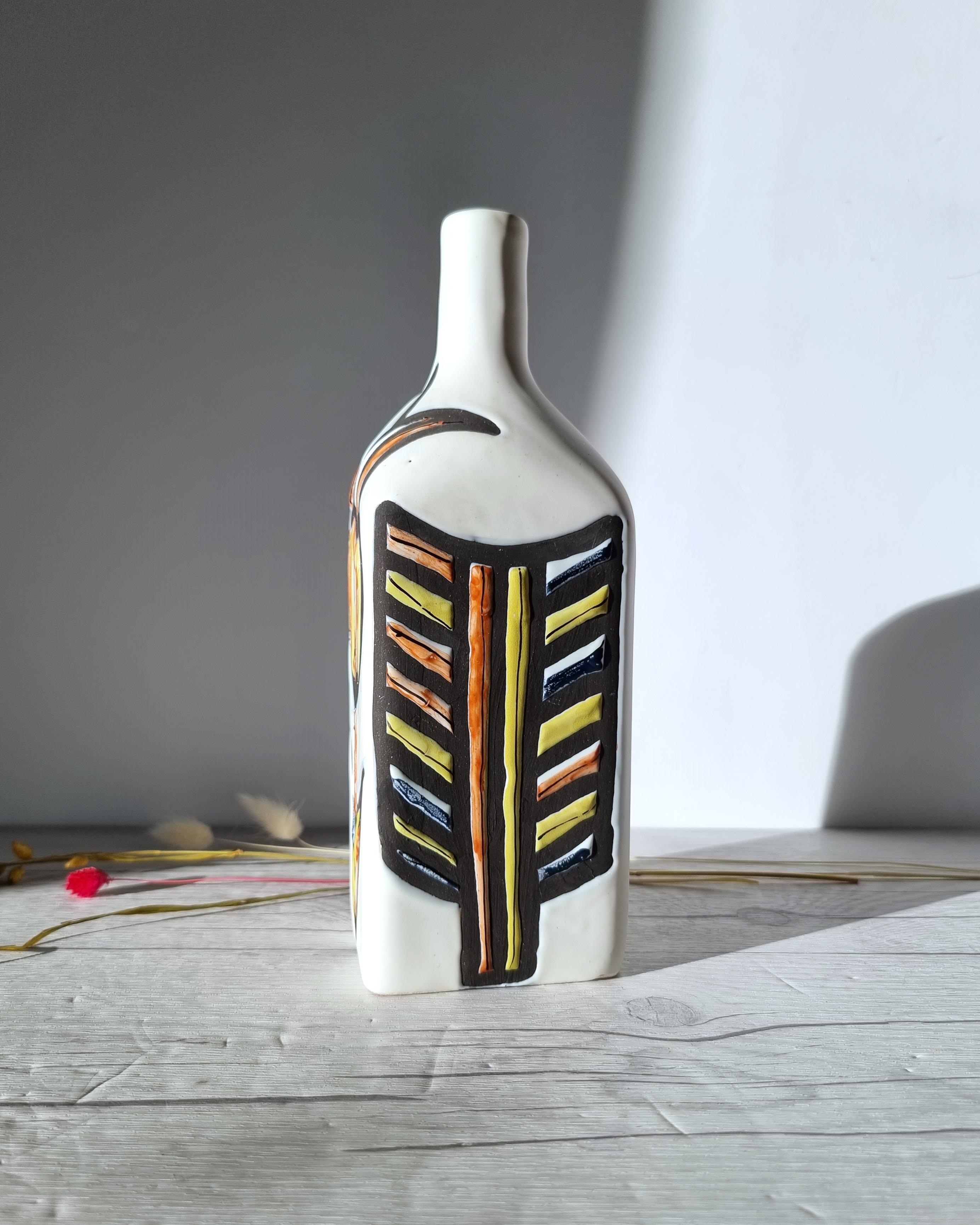 Roger Capron for Vallauris, Dipped White and Multicolour Bottle Vase, Signed In Good Condition For Sale In Frome, GB