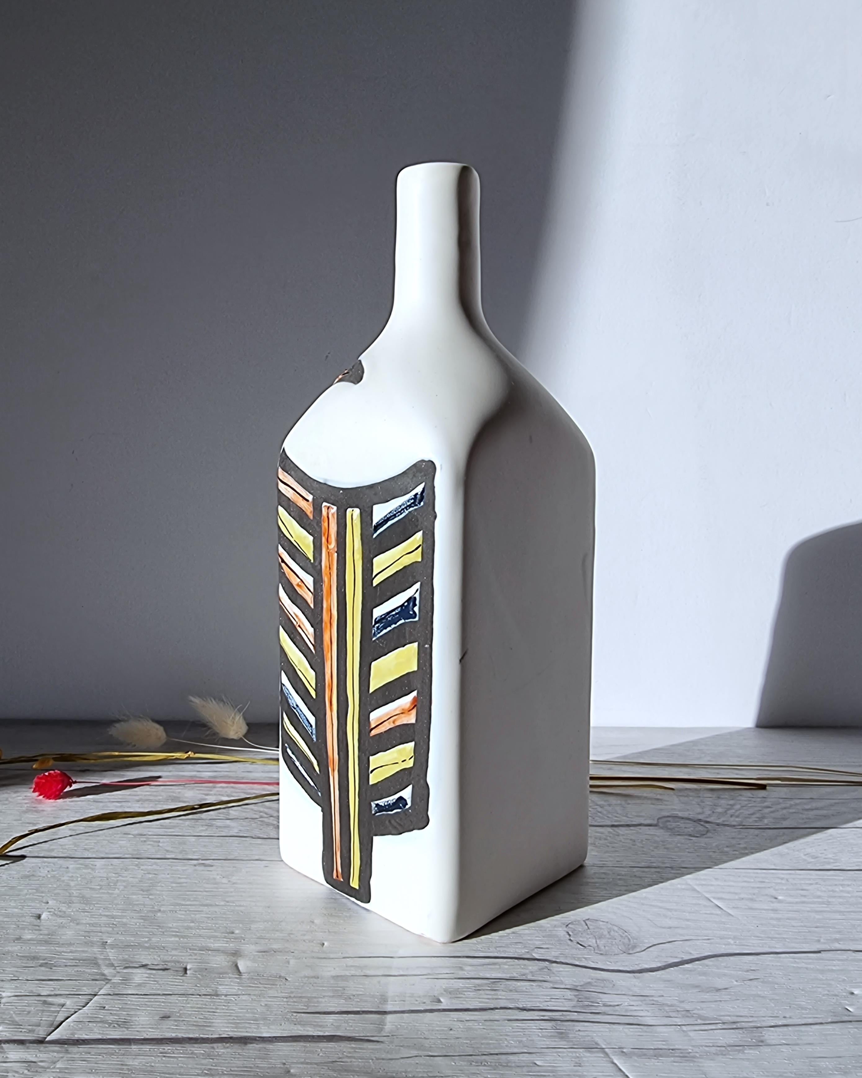 20th Century Roger Capron for Vallauris, Dipped White and Multicolour Bottle Vase, Signed For Sale