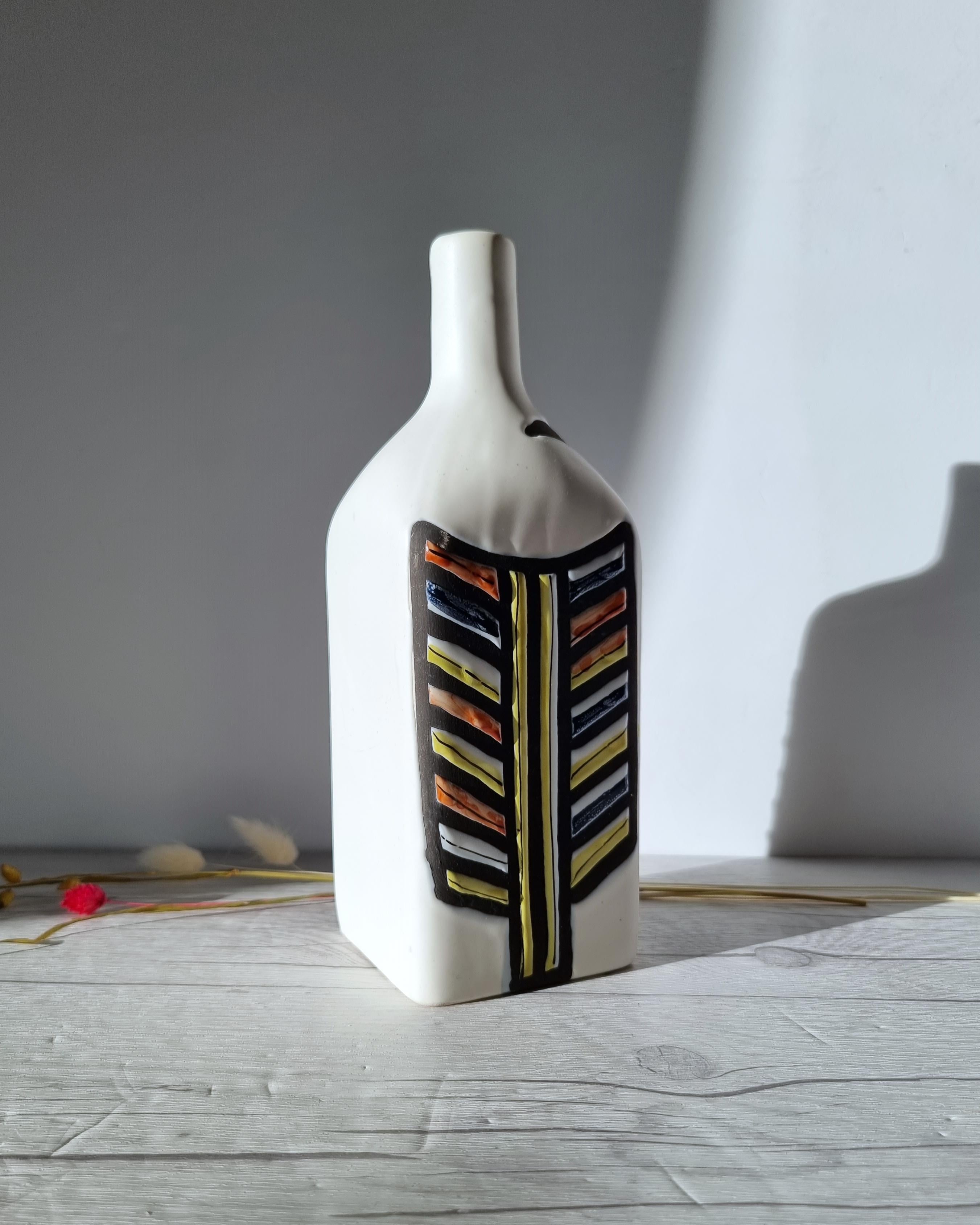 Roger Capron for Vallauris, Dipped White and Multicolour Bottle Vase, Signed For Sale 1