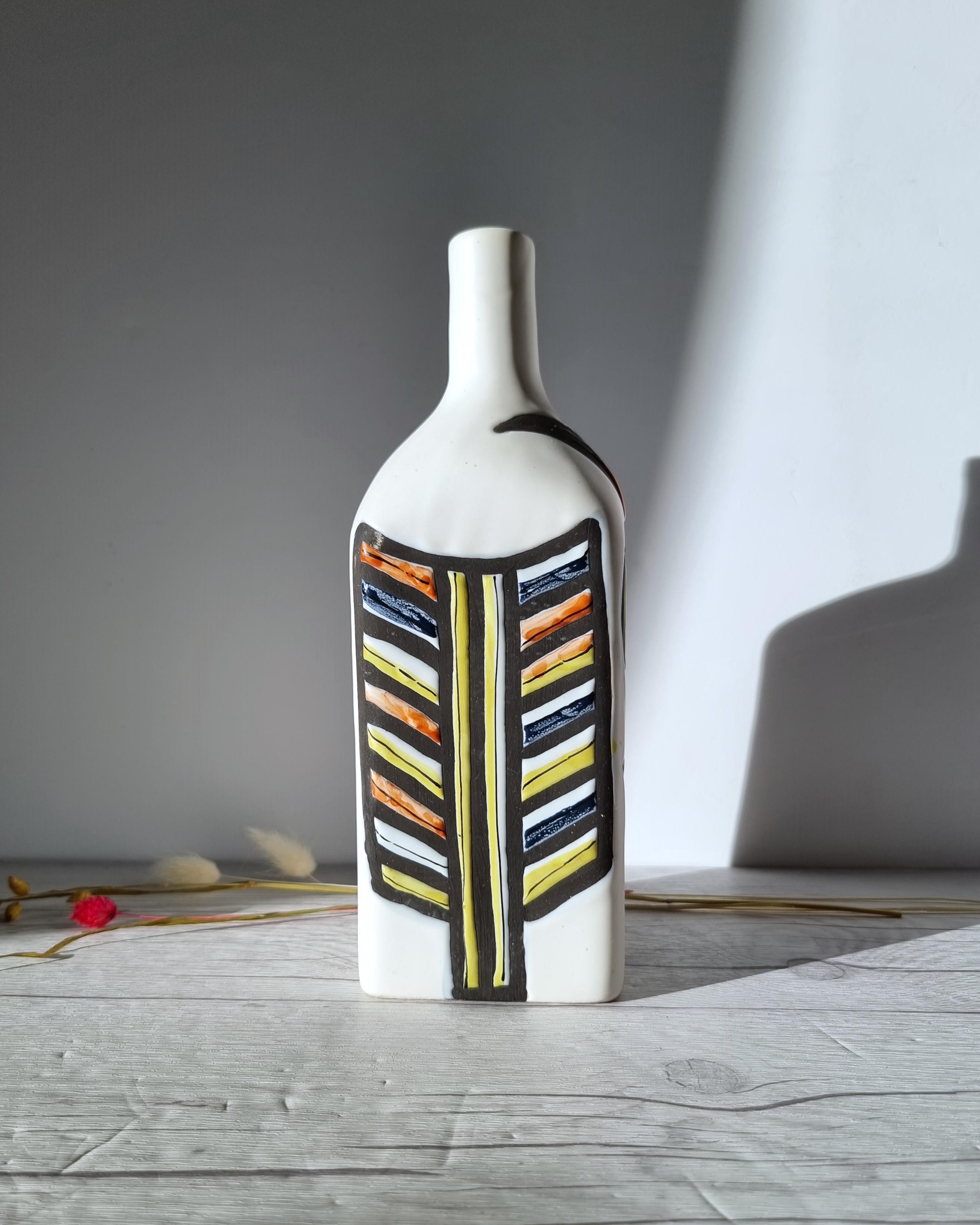 Roger Capron for Vallauris, Dipped White and Multicolour Bottle Vase, Signed For Sale 2