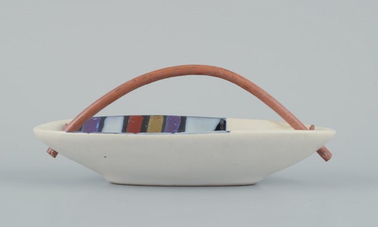 Mid-Century Modern Roger Capron for Vallauris. Modernist ceramic bowl with a bamboo handle. For Sale