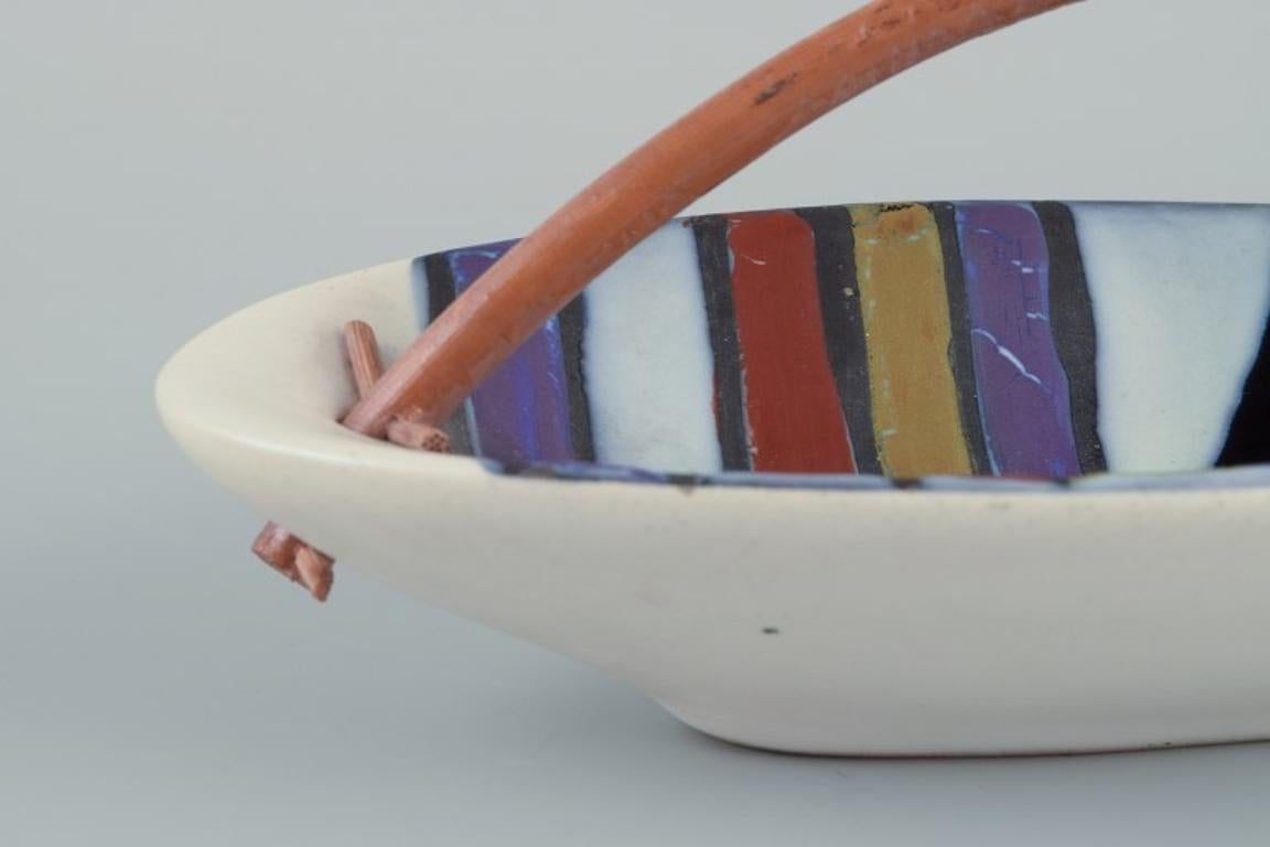 Glazed Roger Capron for Vallauris. Modernist ceramic bowl with a bamboo handle. For Sale