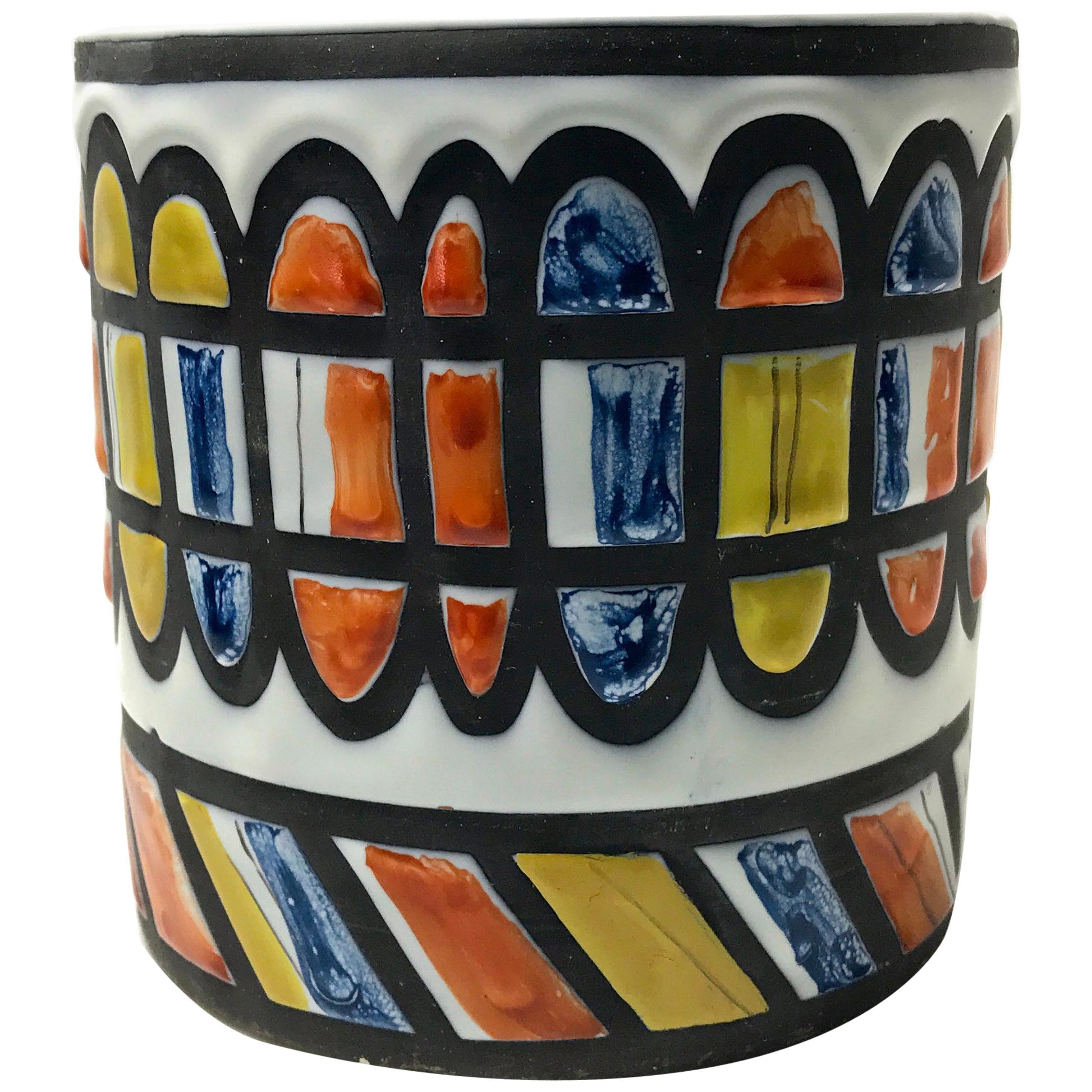 Roger Capron for Vallauris, Signed 1950 Ceramic Geometric Cachepot For Sale