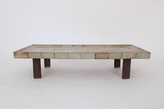 Roger Capron French 1970's Ceramic Tile Coffee Table Model Cuvette Gray Green