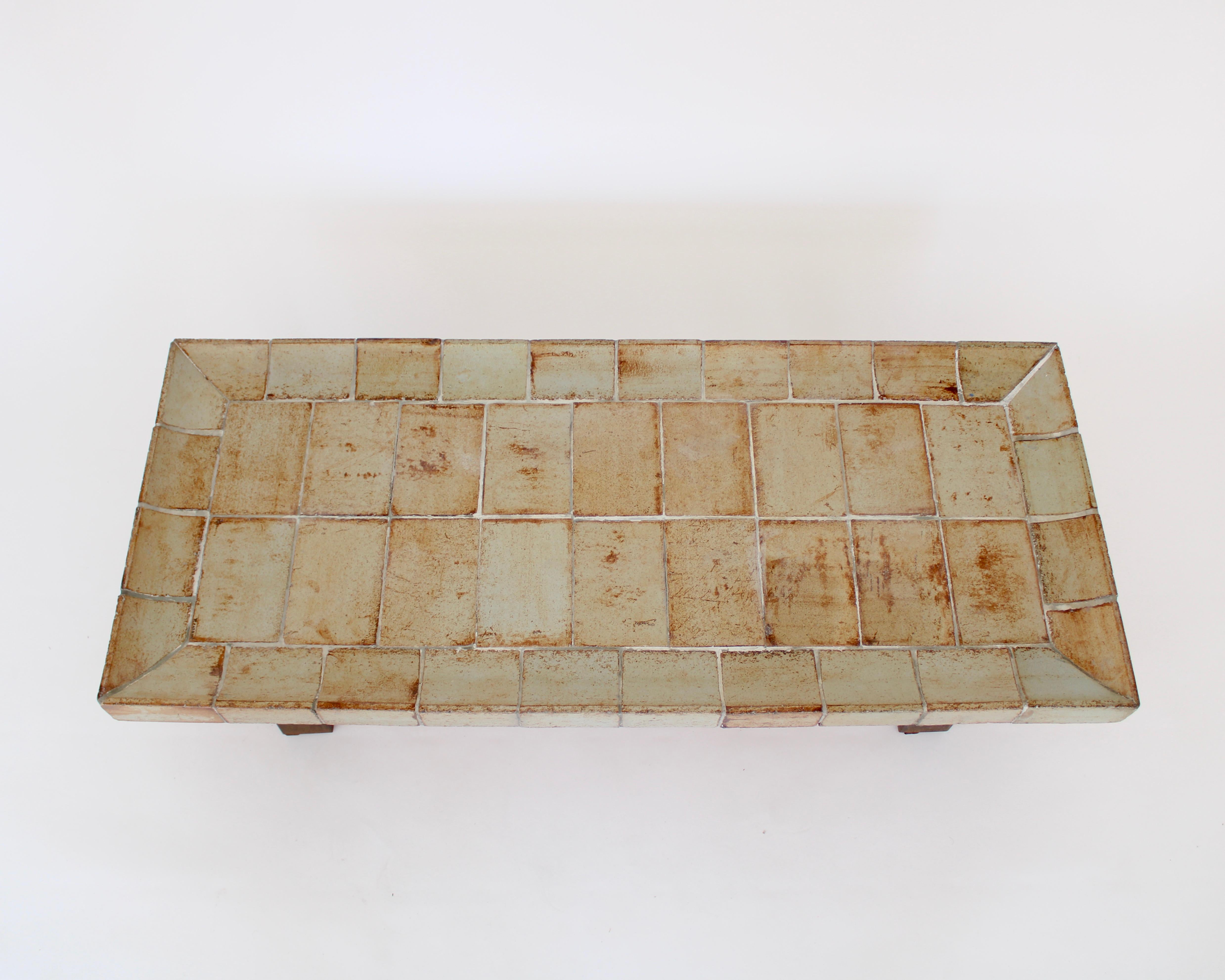 Roger Capron French 1970's Ceramic Tile Coffee Table Model Cuvette Gray Green  In Good Condition In Chicago, IL
